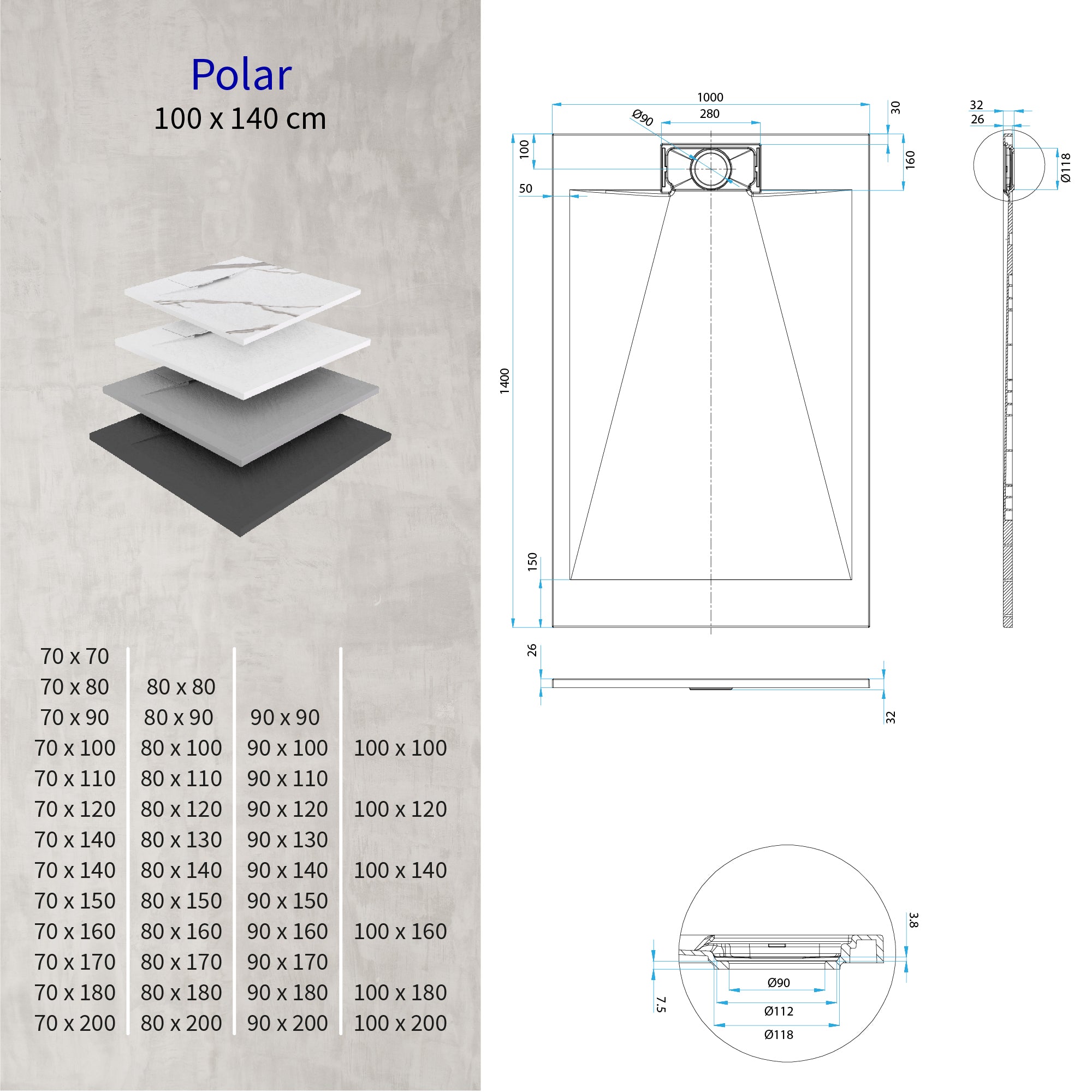 POLAR - Base de duche cinzenta antiderrapante, resistente, duradouro e fácil de limpar - Inc. sifão