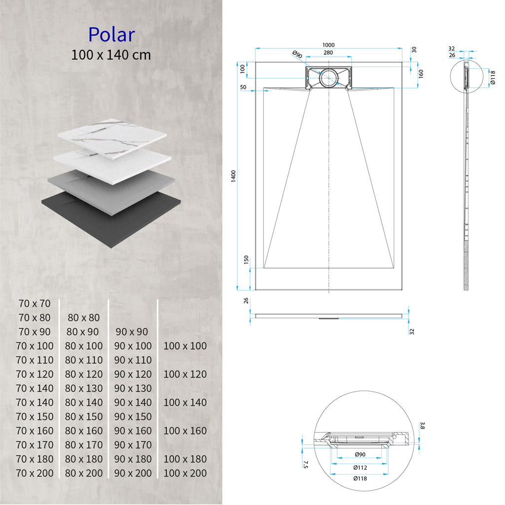 POLAR - Base de duche branca antiderrapante, resistente, duradouro e fácil de limpar - Inc. sifão