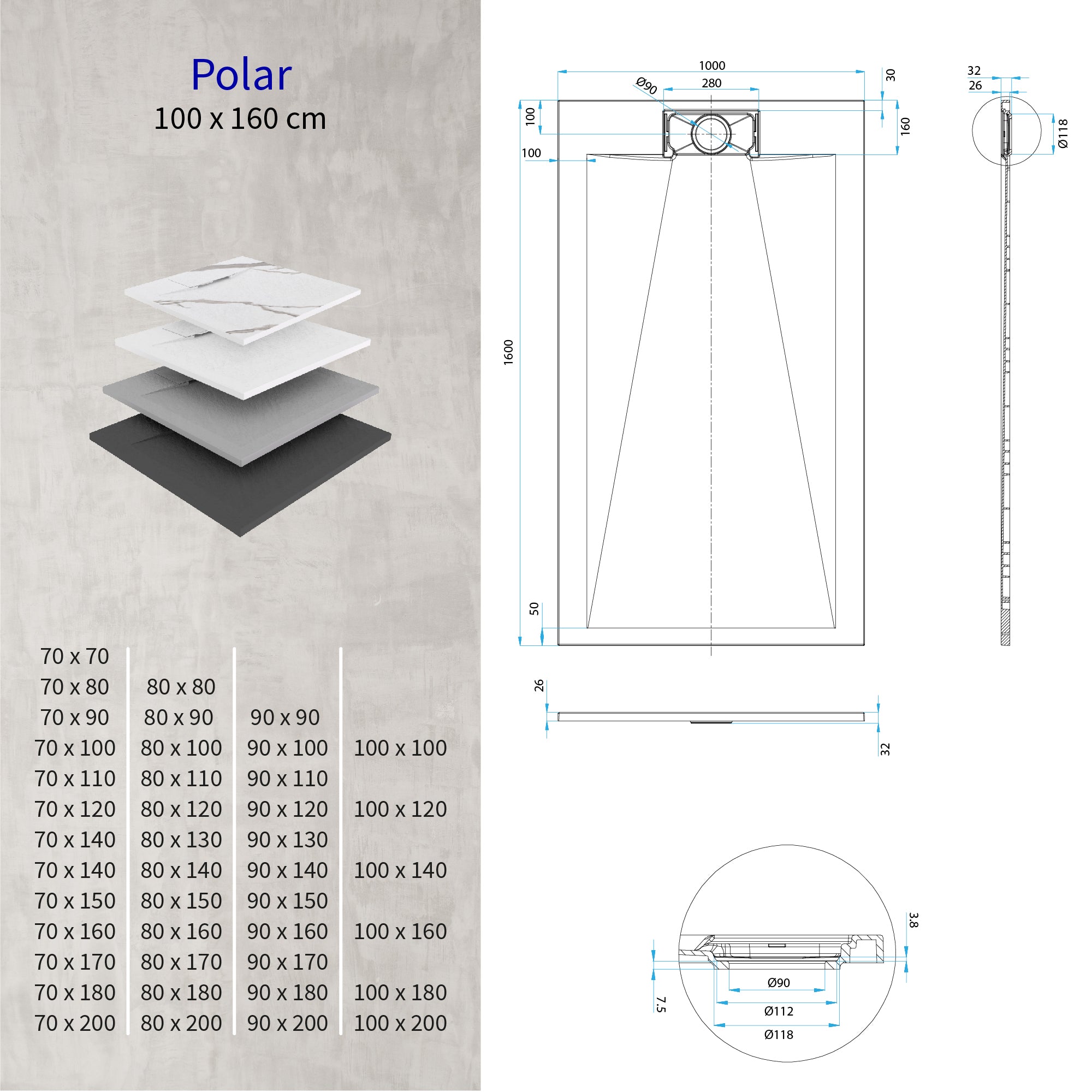 POLAR - Base de Duche Preta Antiderrapante, Resistente, Duradouro e Fácil de Limpar - Inc. sifão