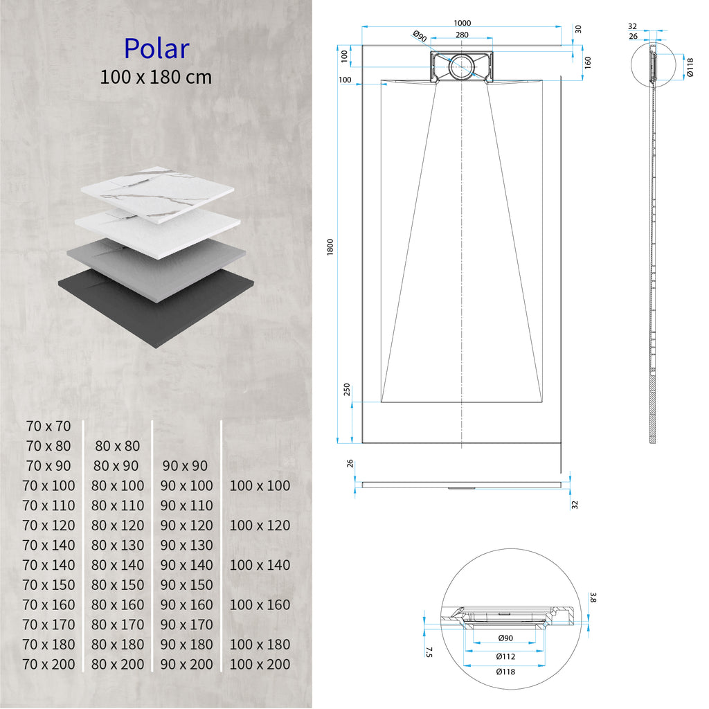 POLAR - Base de Duche Preta Antiderrapante, Resistente, Duradouro e Fácil de Limpar - Inc. sifão