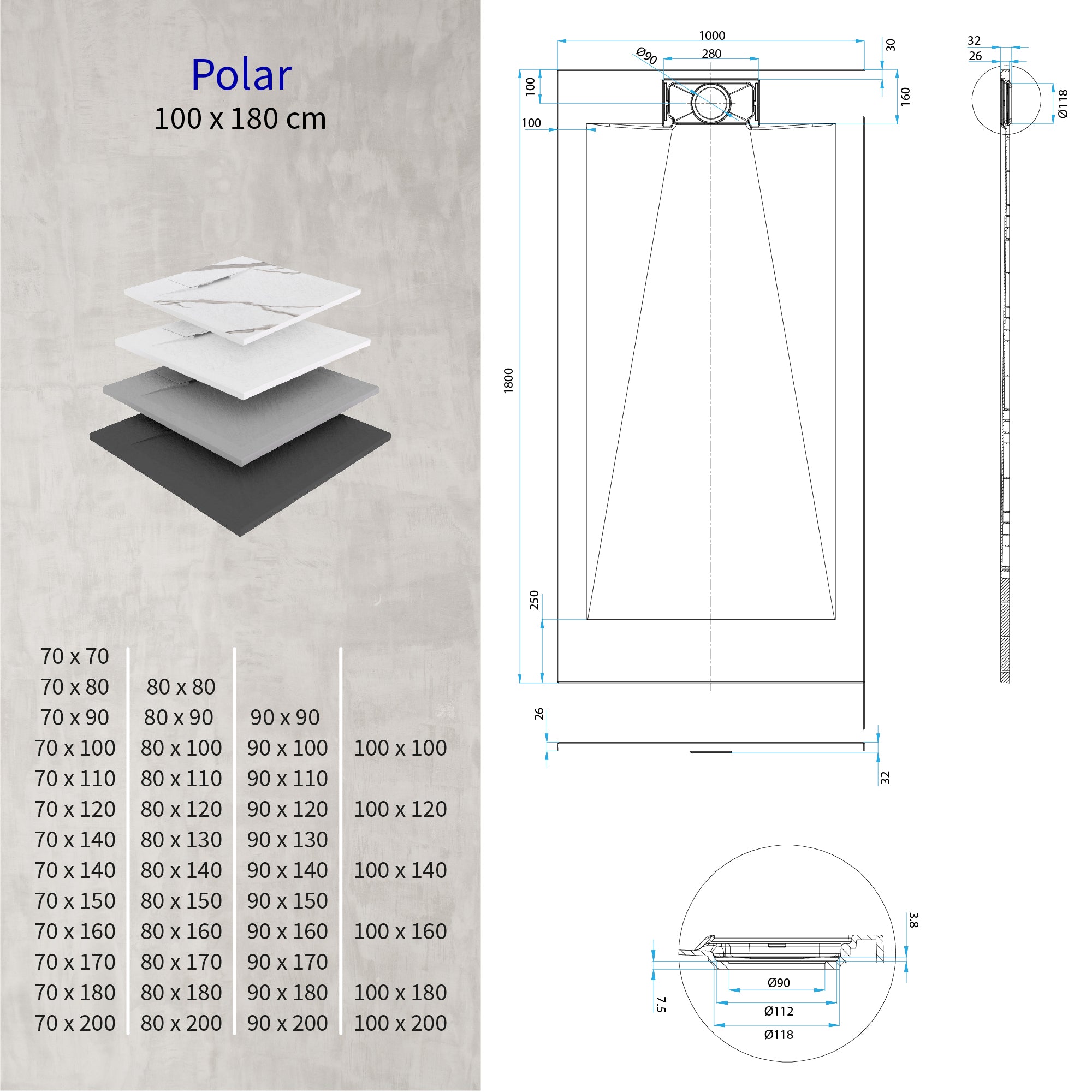 POLAR - Base de duche branca antiderrapante, resistente, duradouro e fácil de limpar - Inc. sifão