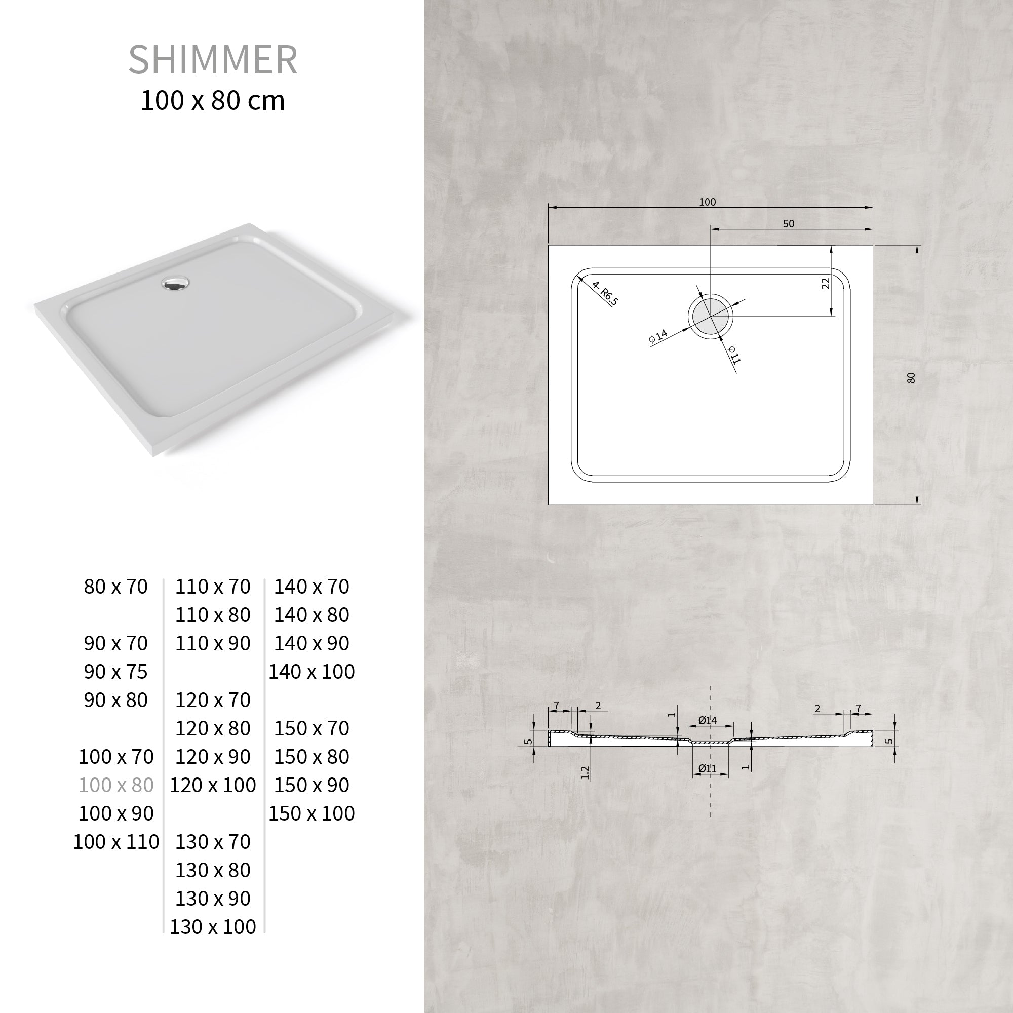 SHIMMER - Base de Duche Branca Smooth Acrílica, Textura Lisa, Extraplana 5cm, Sifão e Válvula Incluídos