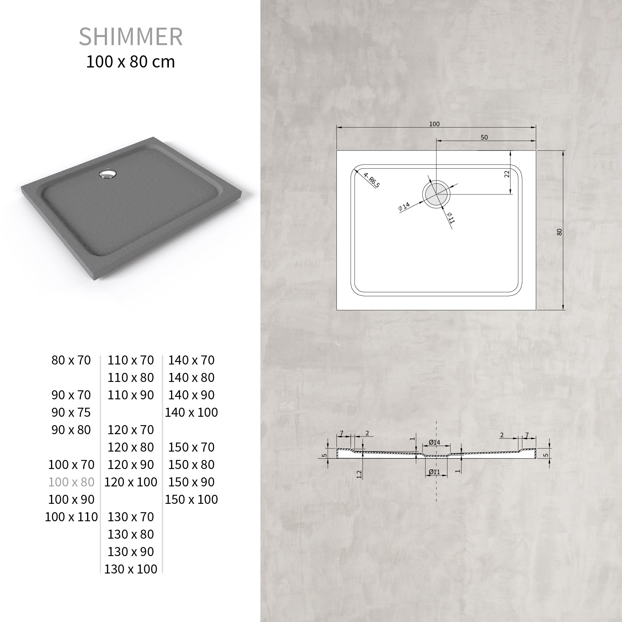 SHIMMER - Base de Duche Cinzenta Stone Acrílica, Textura Pedra, Extraplana 5cm, Sifão e Válvula Incluído