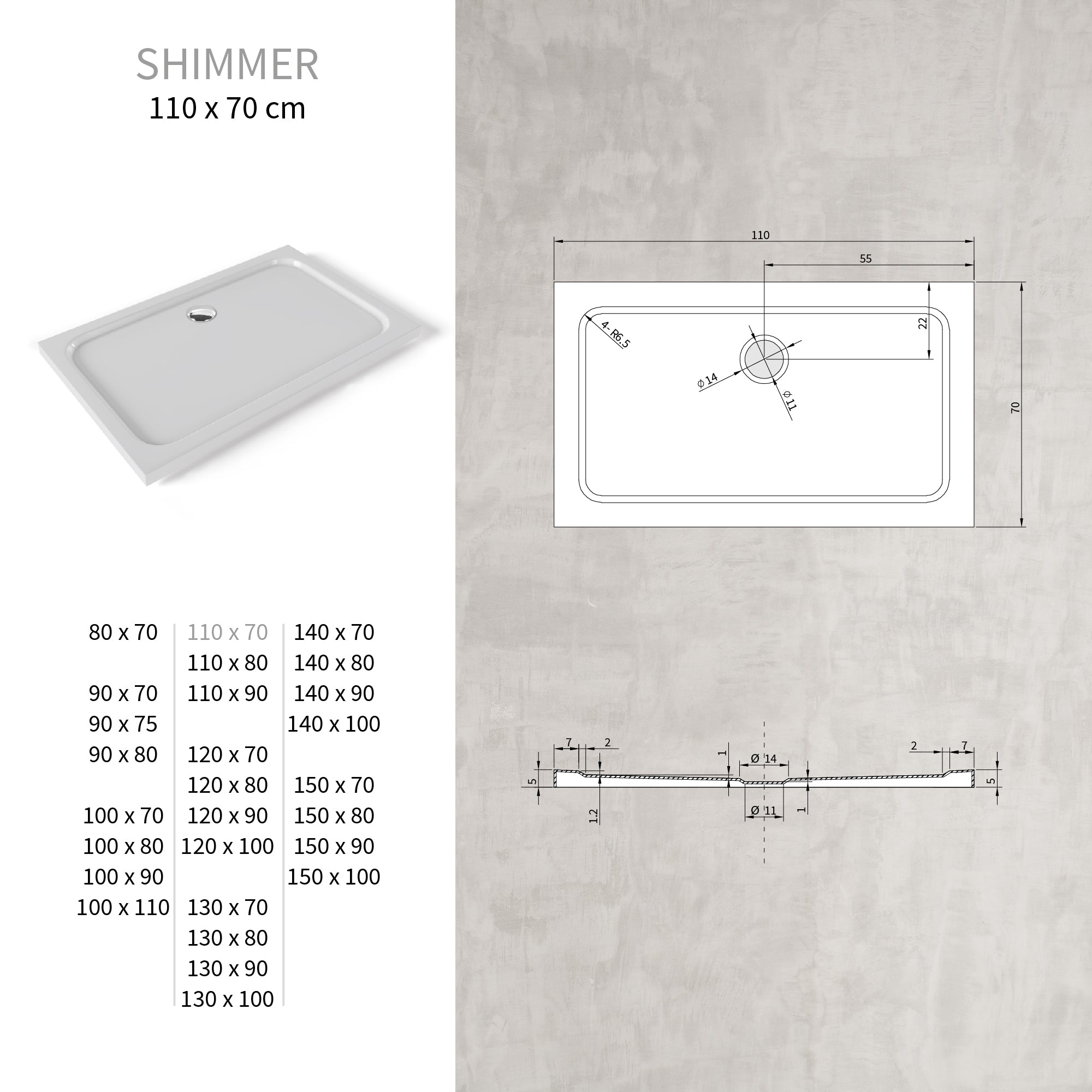 SHIMMER - Base de Duche Branca Smooth Acrílica, Textura Lisa, Extraplana 5cm, Sifão e Válvula Incluídos