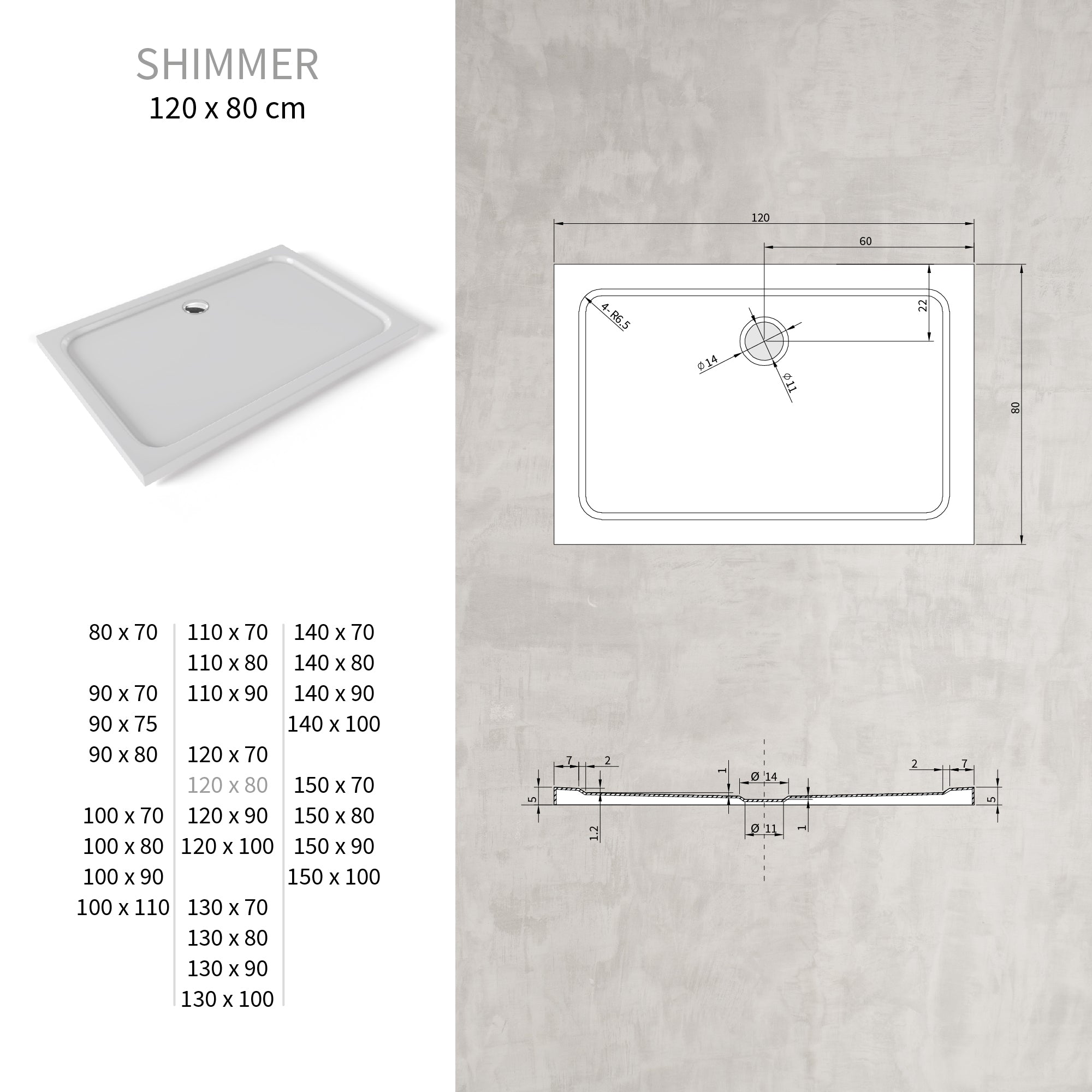 SHIMMER - Base de Duche Branca Smooth Acrílica, Textura Lisa, Extraplana 5cm, Sifão e Válvula Incluídos