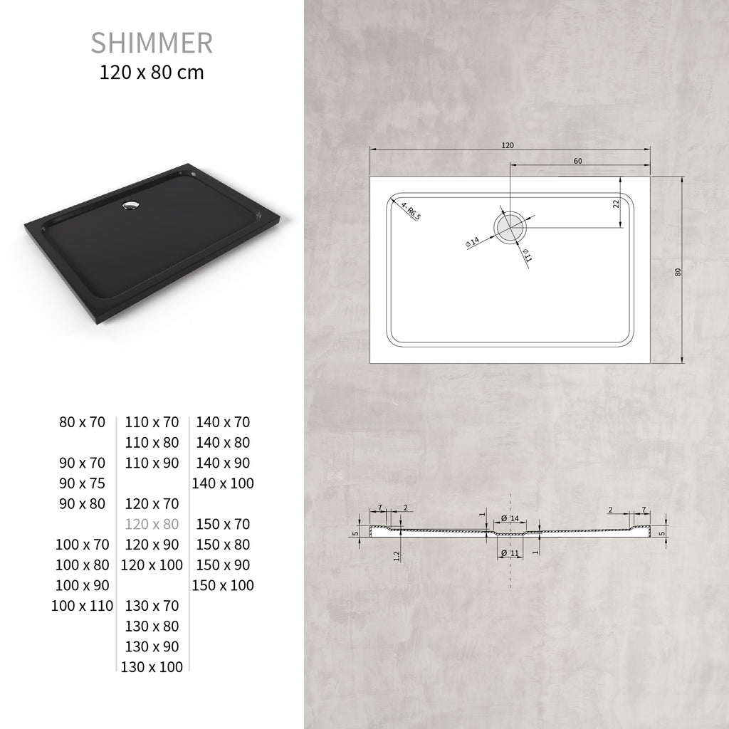 SHIMMER - Base de Duche Preta Smooth Acrílica, Textura Lisa, Extraplana 5cm, Sifão e Válvula Incluídos