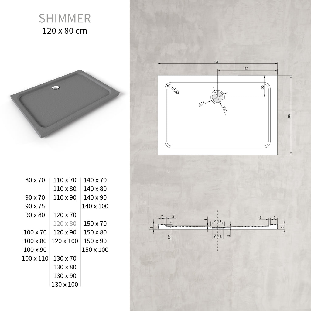 SHIMMER - Base de Duche Cinzenta Stone Acrílica, Textura Pedra, Extraplana 5cm, Sifão e Válvula Incluído