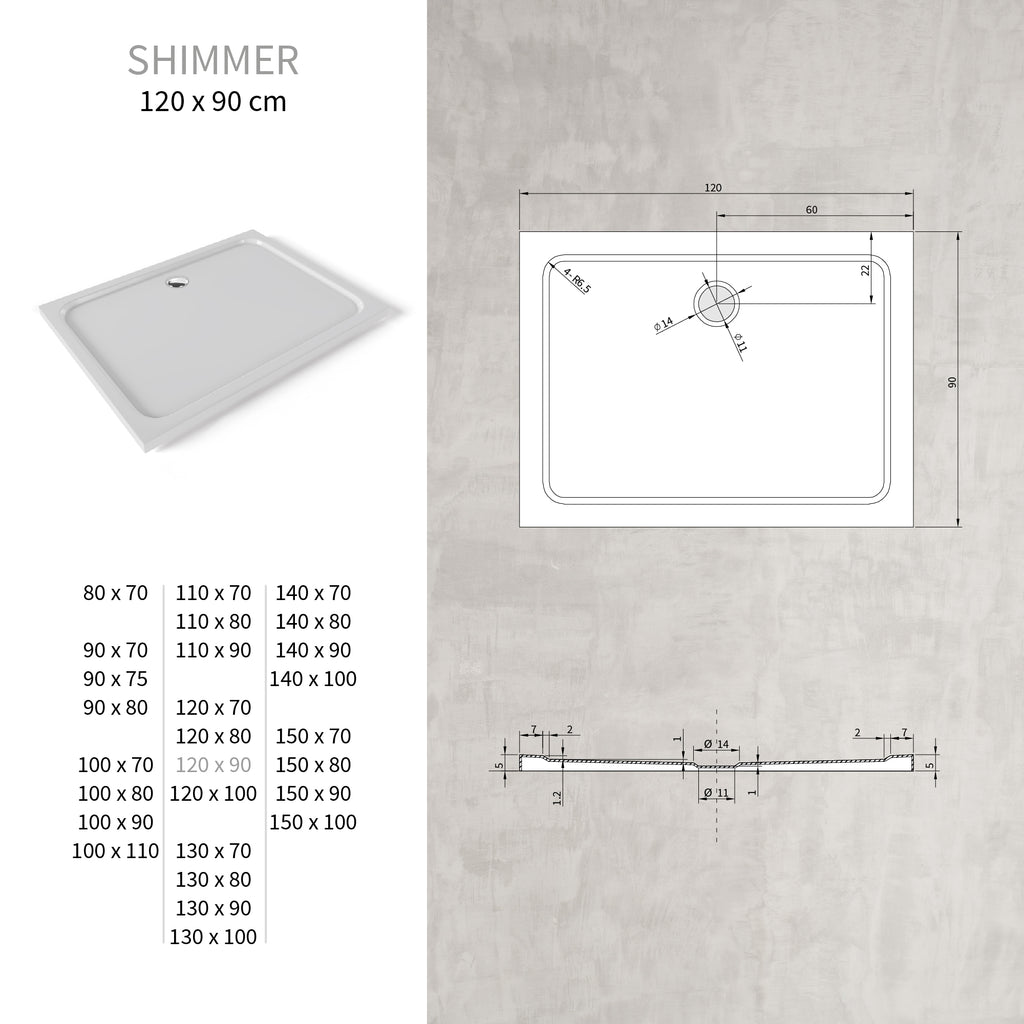 SHIMMER - Base de Duche Branca Smooth Acrílica, Textura Lisa, Extraplana 5cm, Sifão e Válvula Incluídos