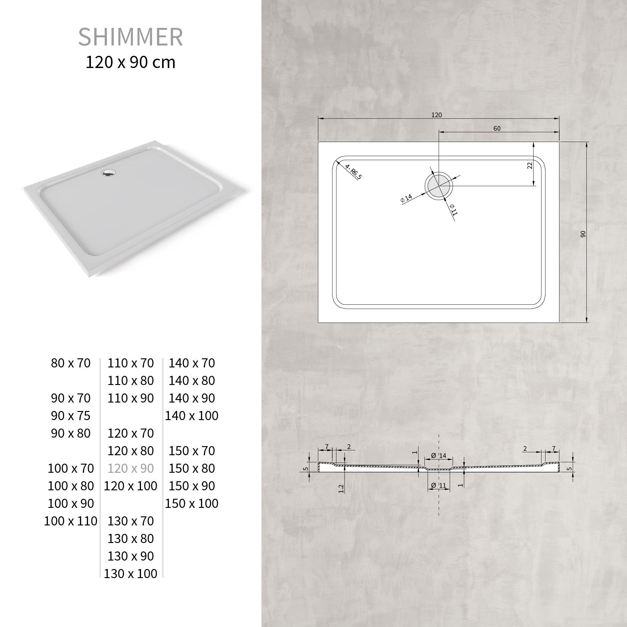 SHIMMER - Base de Duche Branca Smooth Acrílica, Textura Lisa, Extraplana 5cm, Sifão e Válvula Incluídos