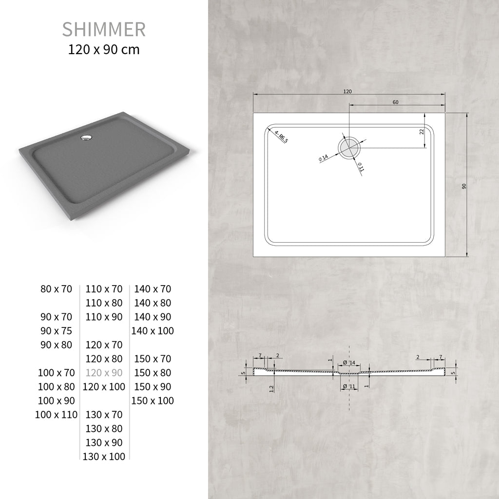 SHIMMER - Base de Duche Cinzenta Stone Acrílica, Textura Pedra, Extraplana 5cm, Sifão e Válvula Incluído