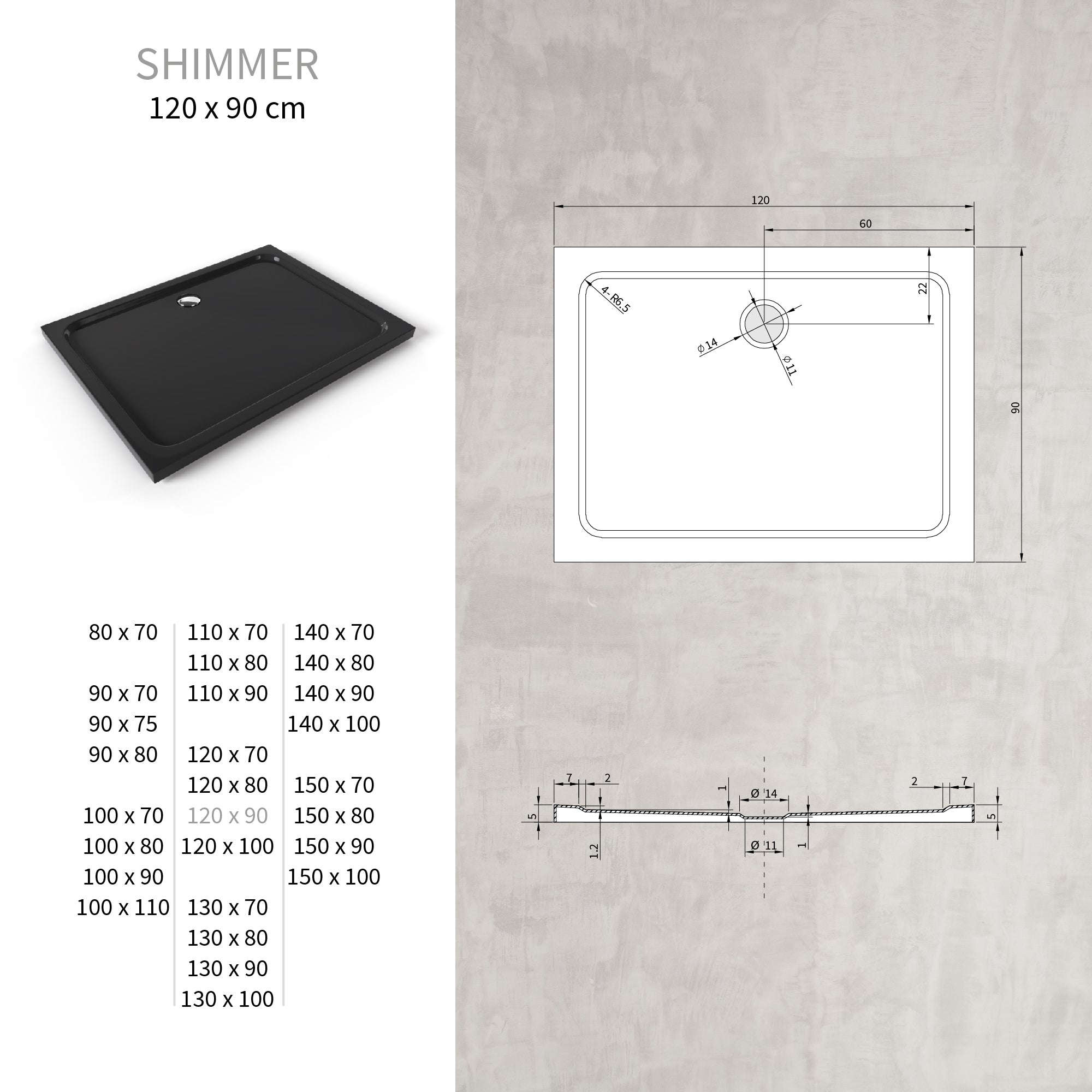 SHIMMER - Base de Duche Preta Smooth Acrílica, Textura Lisa, Extraplana 5cm, Sifão e Válvula Incluídos