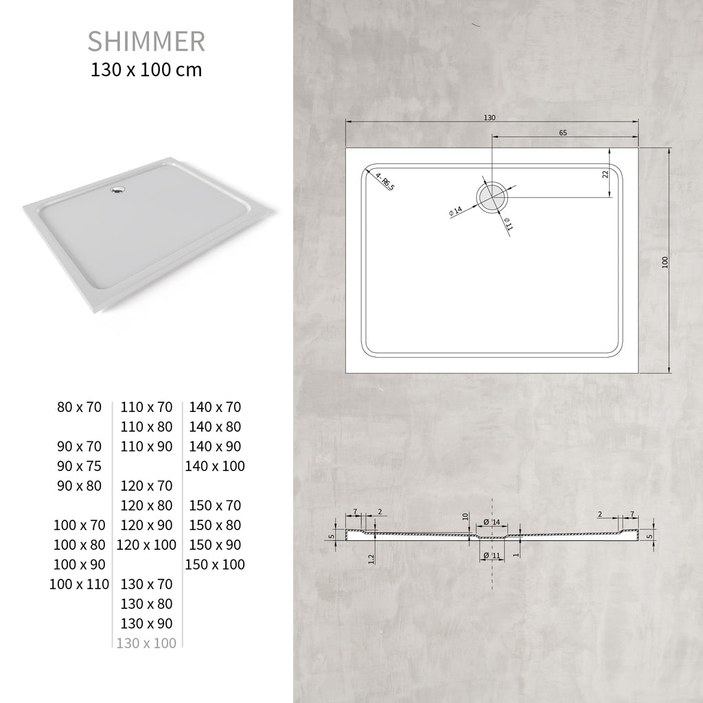 SHIMMER - Base de Duche Branca Smooth Acrílica, Textura Lisa, Extraplana 5cm, Sifão e Válvula Incluídos