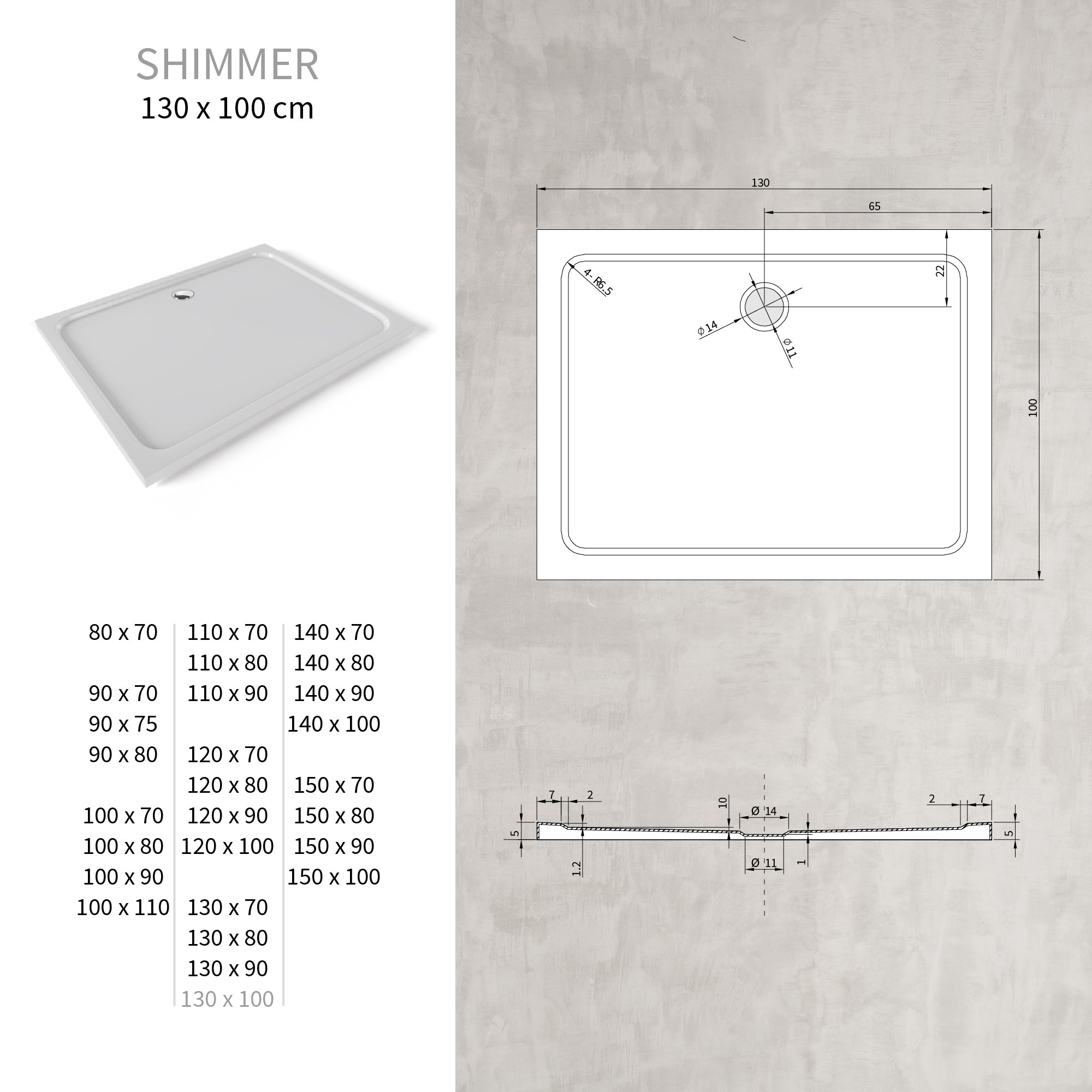 SHIMMER - Base de Duche Branca Smooth Acrílica, Textura Lisa, Extraplana 5cm, Sifão e Válvula Incluídos