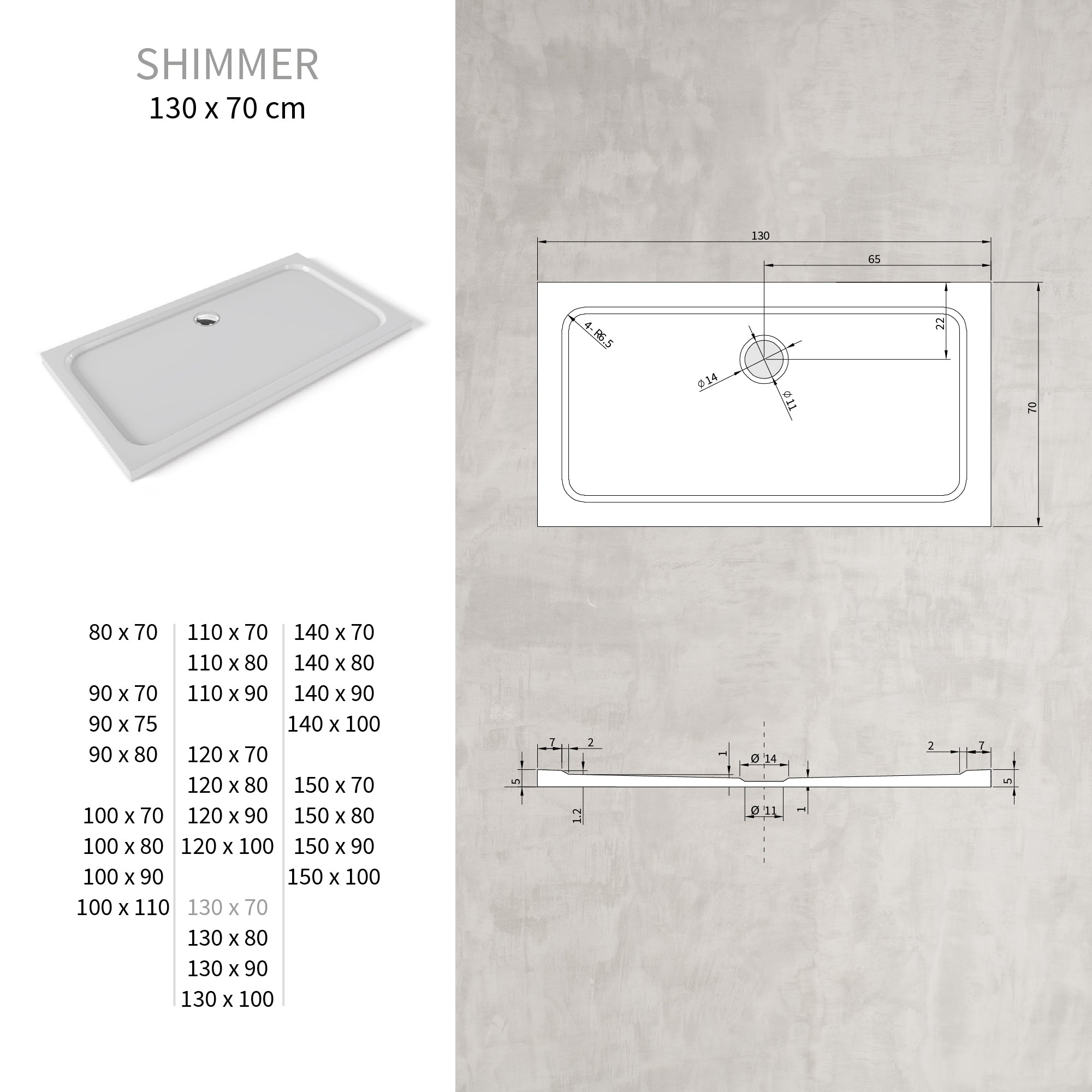 SHIMMER - Base de Duche Branca Smooth Acrílica, Textura Lisa, Extraplana 5cm, Sifão e Válvula Incluídos