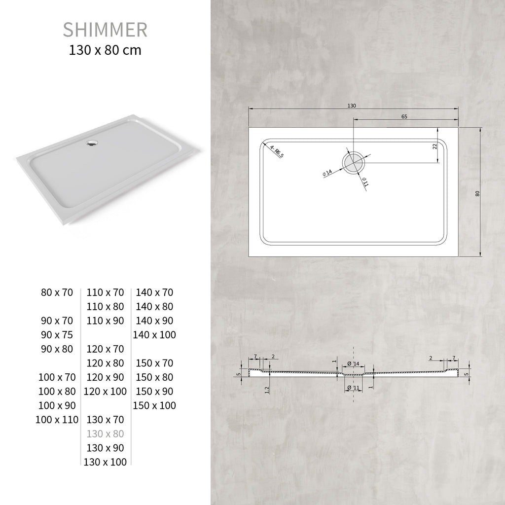 SHIMMER - Base de Duche Branca Smooth Acrílica, Textura Lisa, Extraplana 5cm, Sifão e Válvula Incluídos