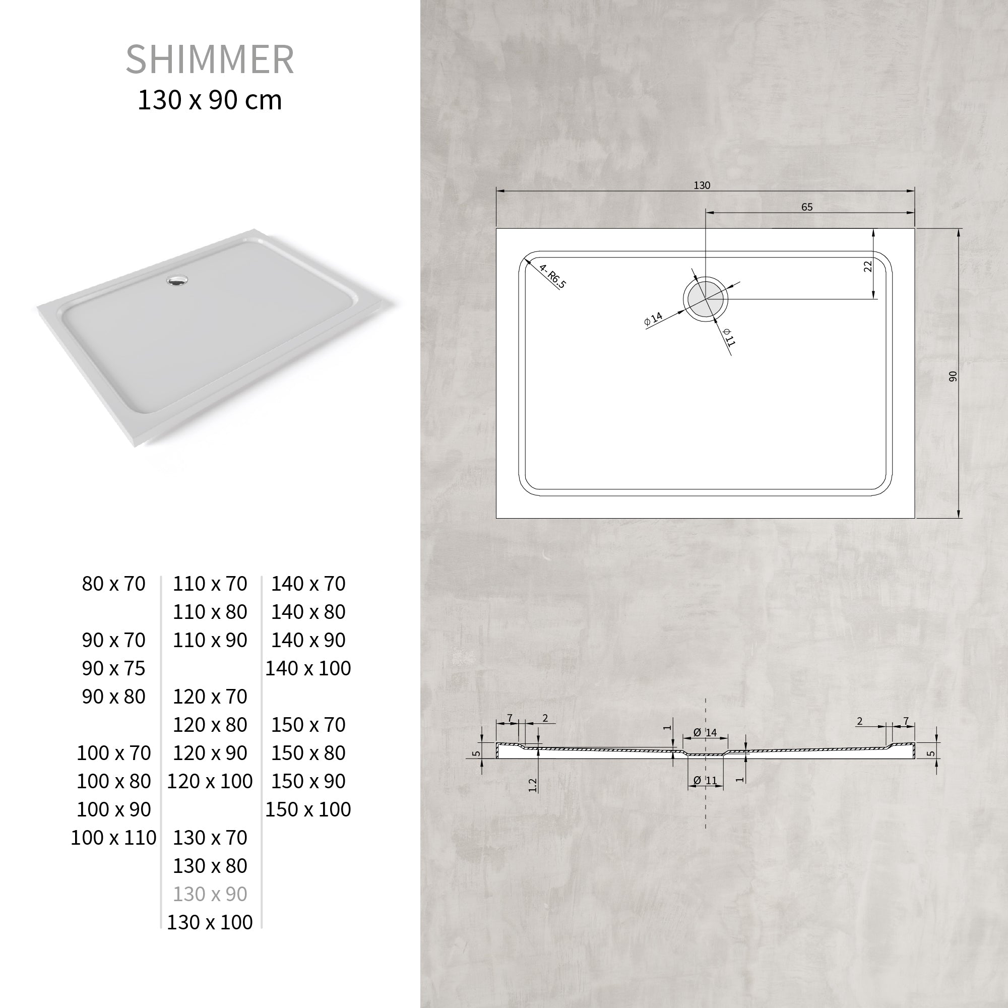 SHIMMER - Base de Duche Branca Smooth Acrílica, Textura Lisa, Extraplana 5cm, Sifão e Válvula Incluídos