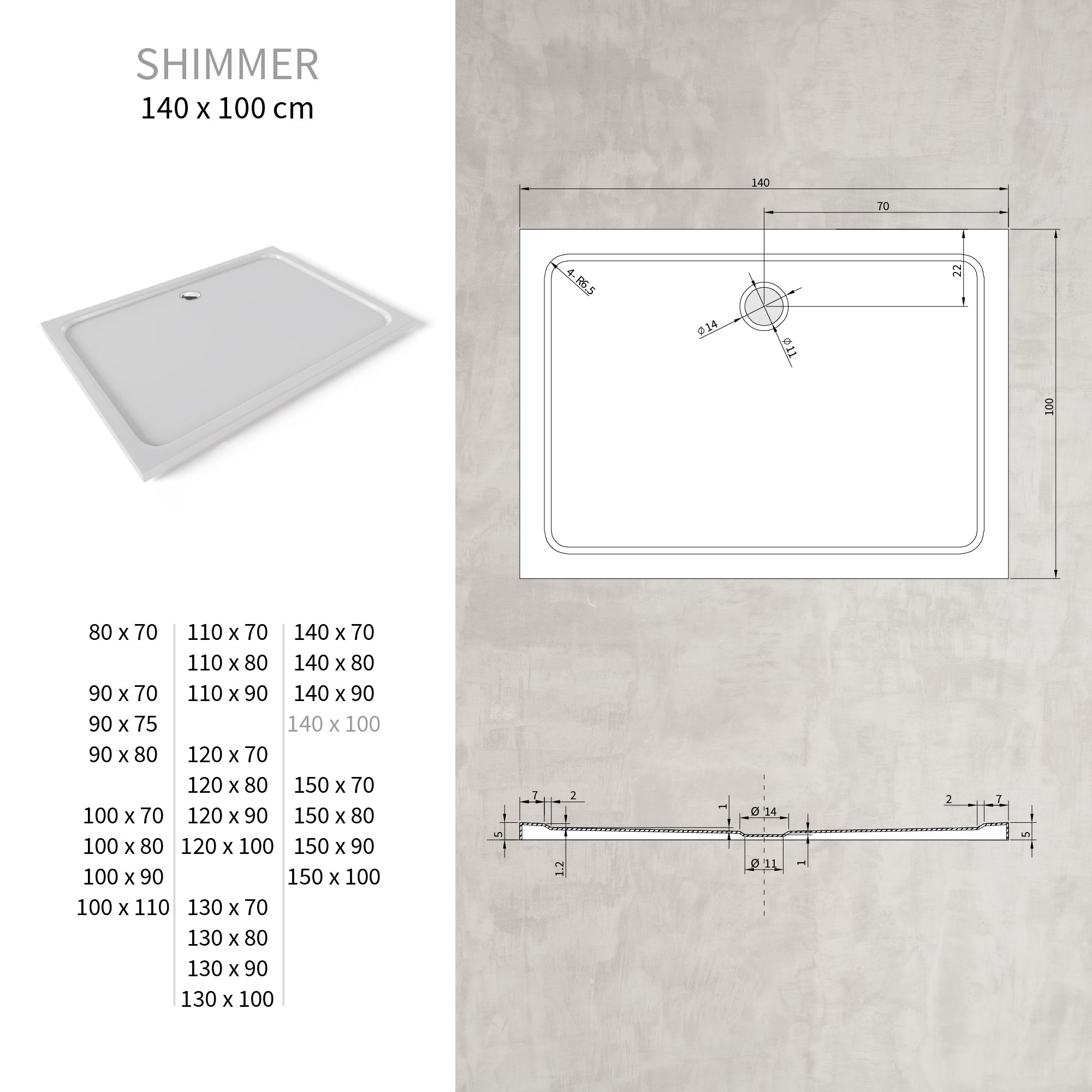 SHIMMER - Base de Duche Branca Smooth Acrílica, Textura Lisa, Extraplana 5cm, Sifão e Válvula Incluídos