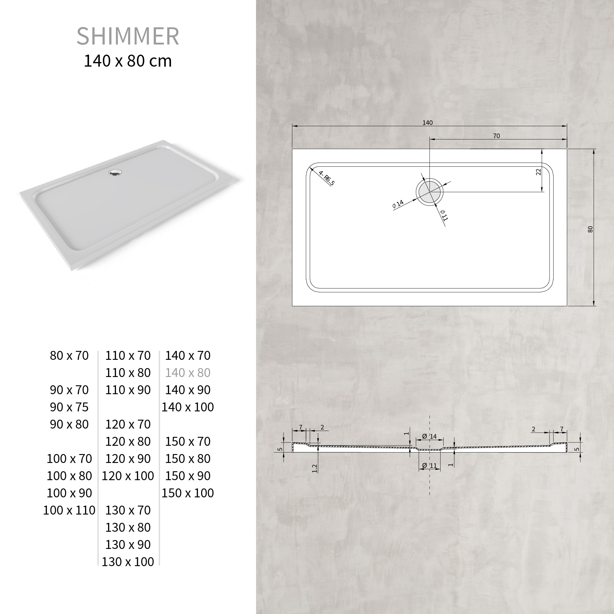 SHIMMER - Base de Duche Branca Smooth Acrílica, Textura Lisa, Extraplana 5cm, Sifão e Válvula Incluídos