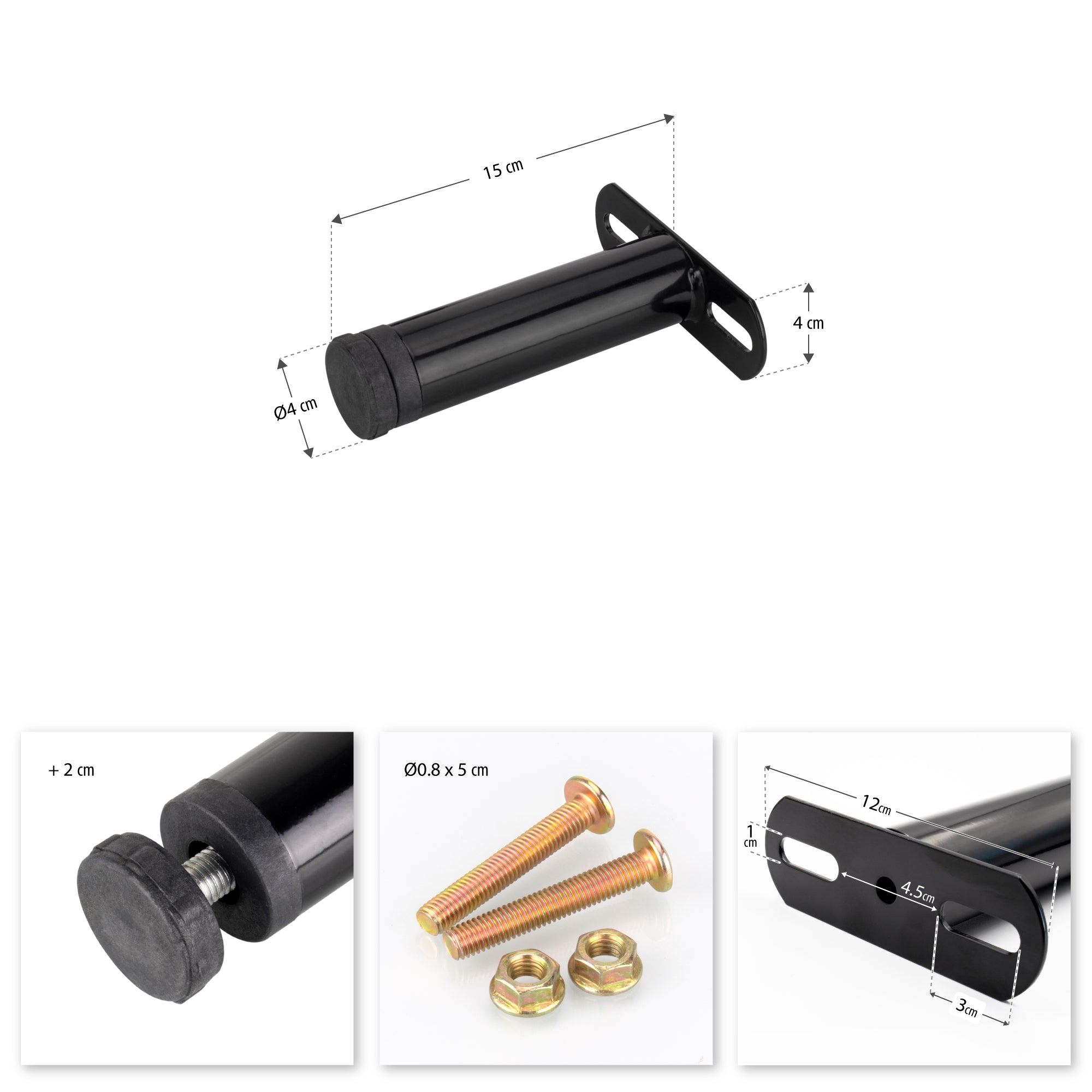 Pé Metálico de Apoio em T (Preto), 15 cm, Regulável, para Móveis, Estrados e Camas