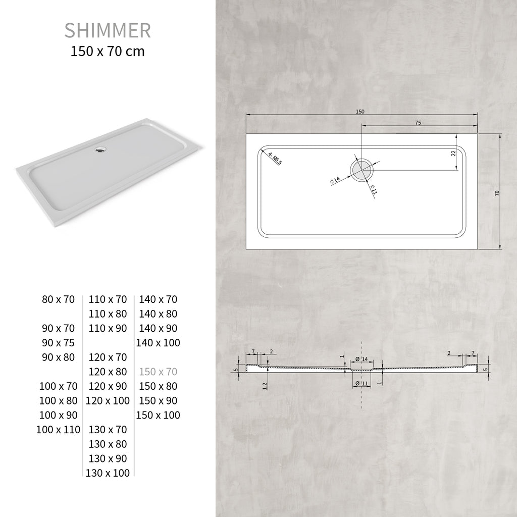 SHIMMER - Base de Duche Branca Smooth Acrílica, Textura Lisa, Extraplana 5cm, Sifão e Válvula Incluídos