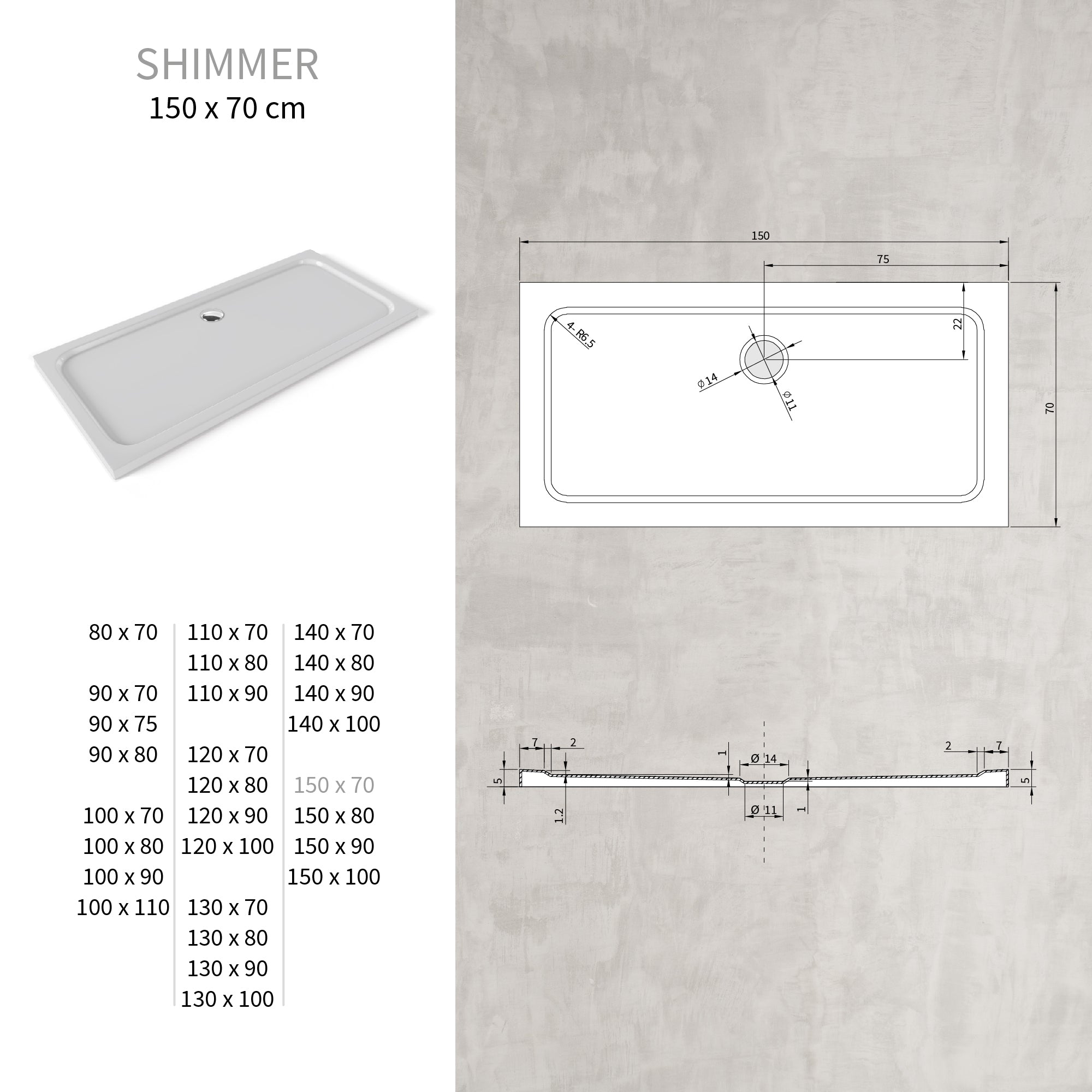 SHIMMER - Base de Duche Branca Smooth Acrílica, Textura Lisa, Extraplana 5cm, Sifão e Válvula Incluídos