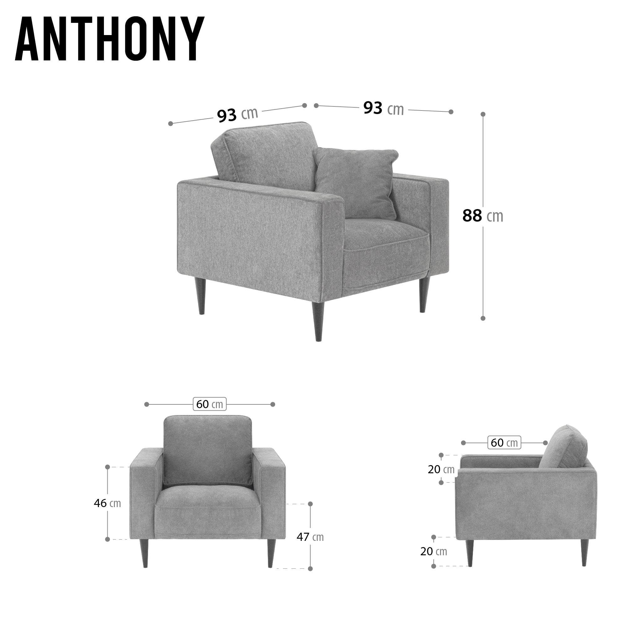 ANTHONY – Sofá de design moderno em poliéster cinzento (1 a 3 lugares)