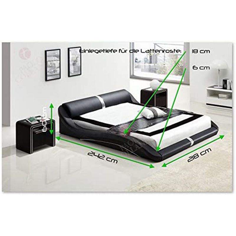 PAOLA – Cama estofada em pele sintética preta com cabeceira ondulada acolchoada