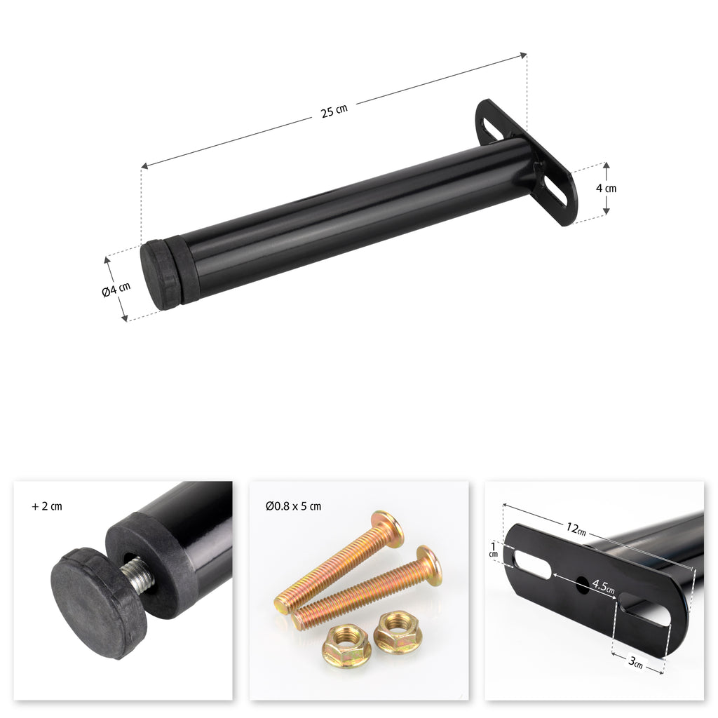 Pé Metálico de Apoio em T (Preto), 25 cm, Regulável, para Móveis, Estrados e Camas