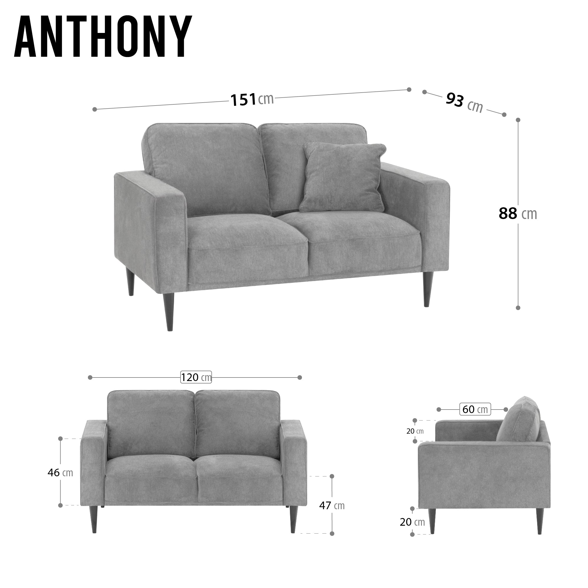 ANTHONY – Sofá de design moderno em poliéster cinzento (1 a 3 lugares)