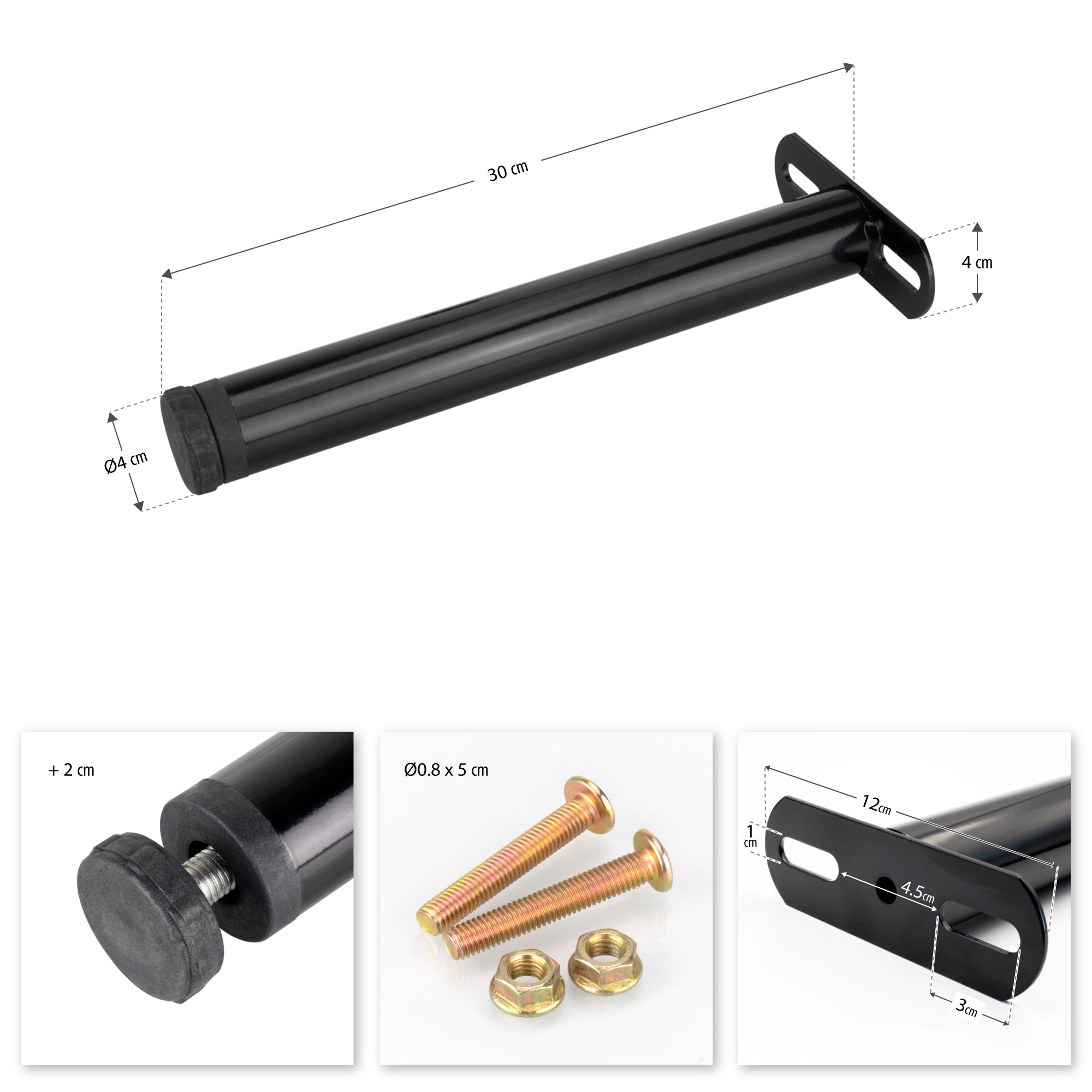 Pé Metálico de Apoio em T (Preto), 30 cm, Regulável, para Móveis, Estrados e Camas