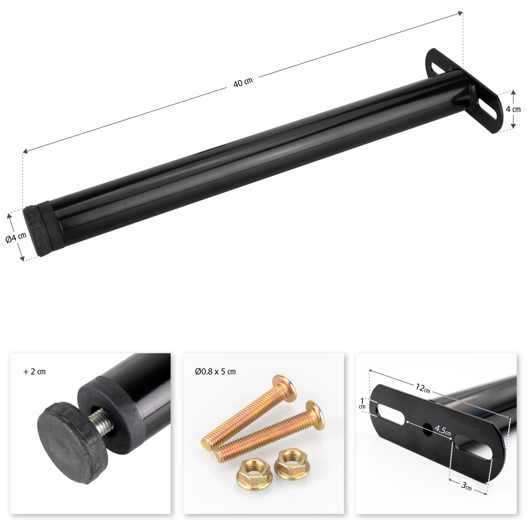 Pé Metálico de Apoio em T (Preto), 40 cm, Regulável, para Móveis, Estrados e Camas