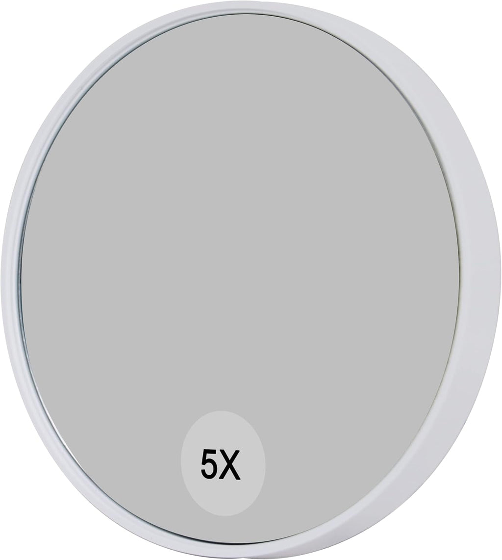 Espelho de Maquilhagem com Aumento 5X e 10X, Espelho Portátil Redondo 9x9 cm, sem Luz, com 2 Ventosas, Branco