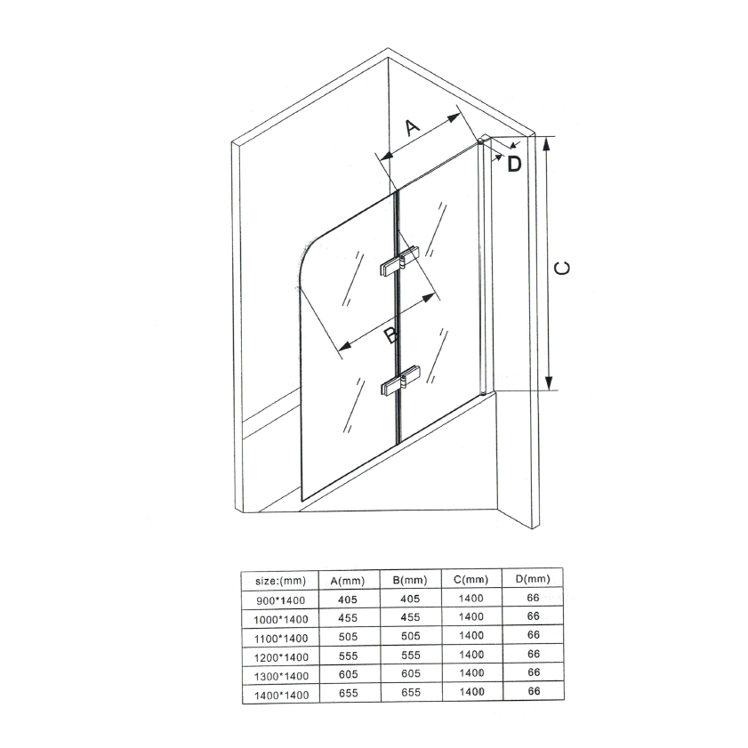 ANITA - Divisória para banheira em vidro fosco temperado de 6 mm