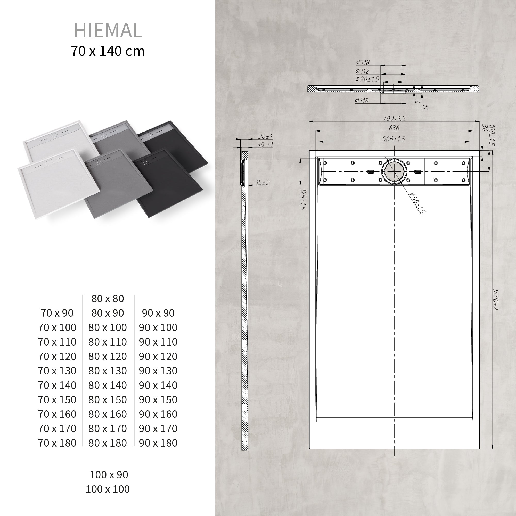 HIEMAL - Base de duche preta antiderrapante, resistente, duradouro e fácil de limpar - Inc. sifão