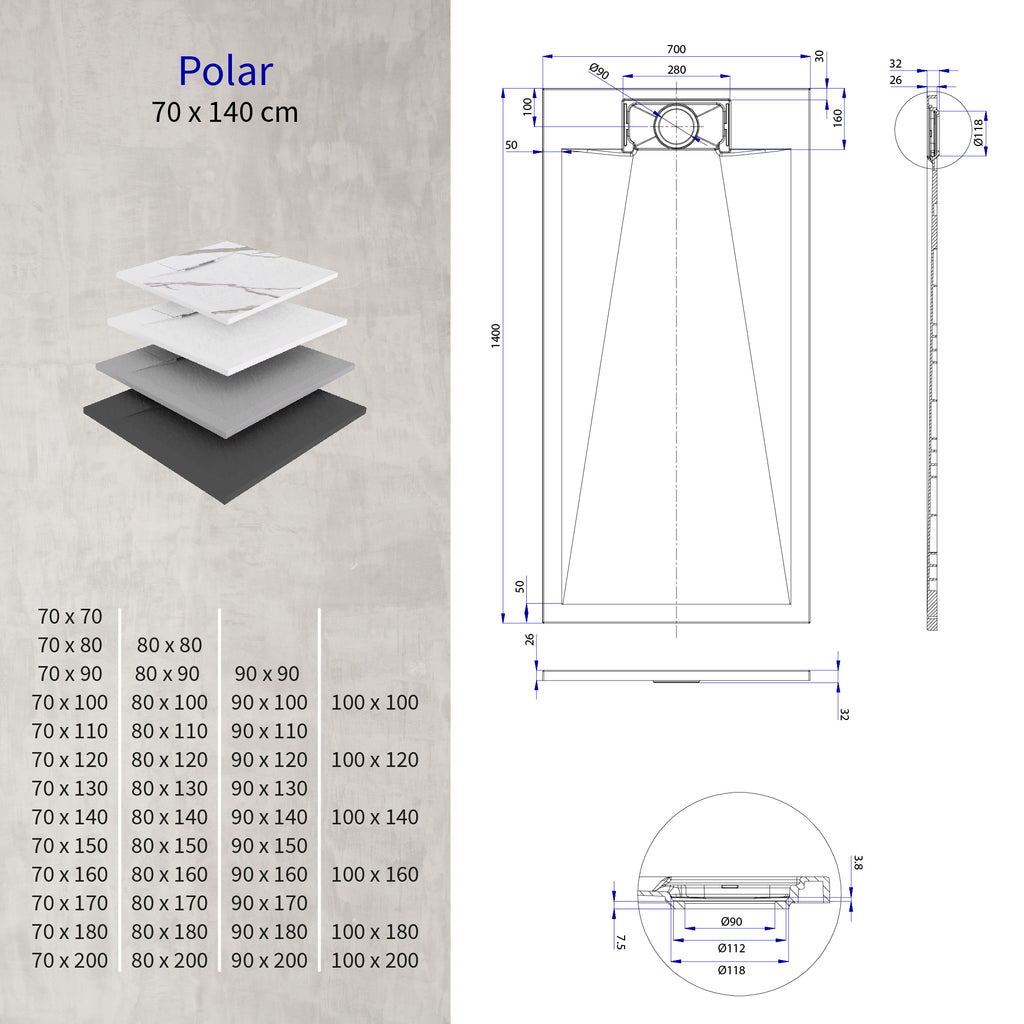 POLAR - Base de Duche Preta Antiderrapante, Resistente, Duradouro e Fácil de Limpar - Inc. sifão