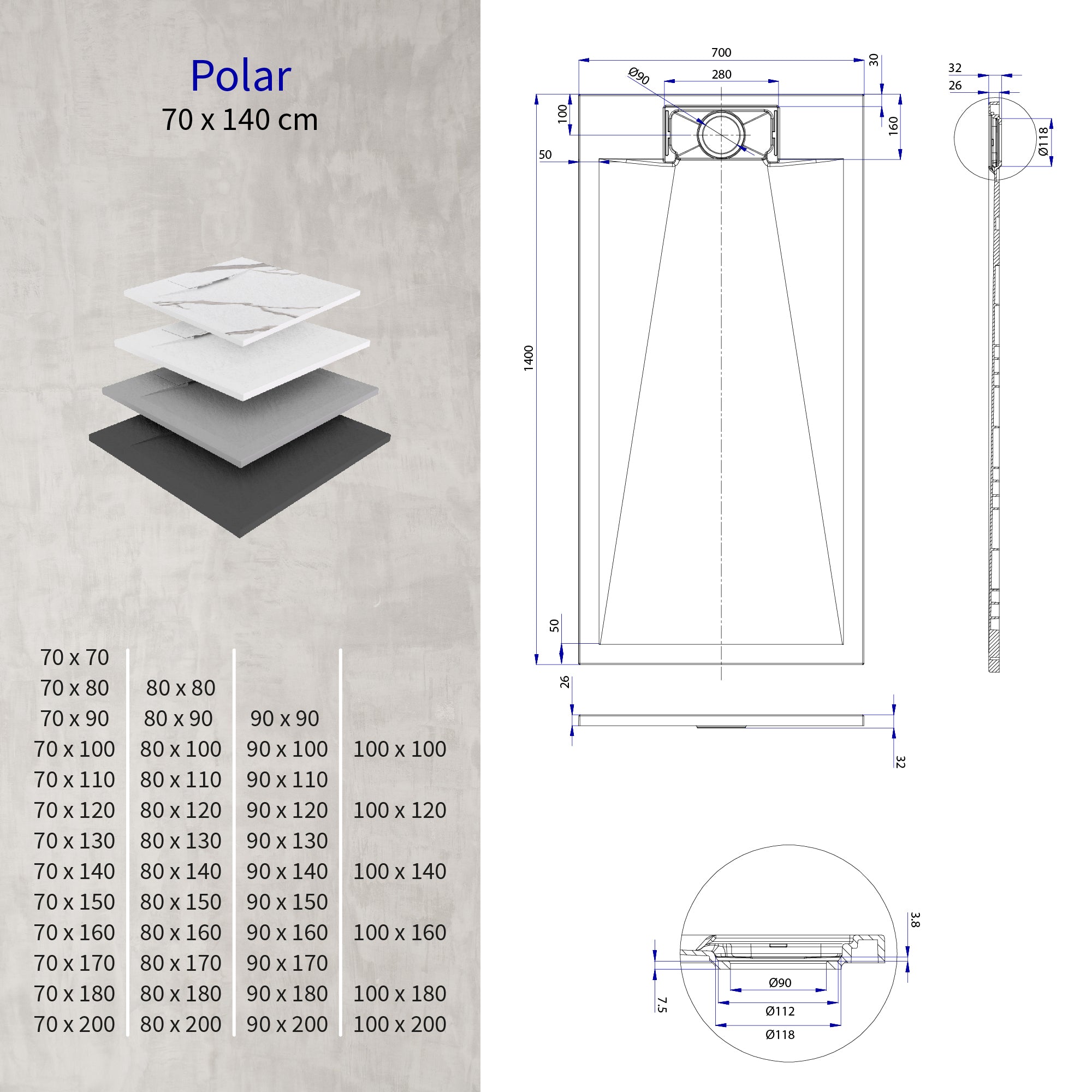 POLAR - Base de duche branca antiderrapante, resistente, duradouro e fácil de limpar - Inc. sifão