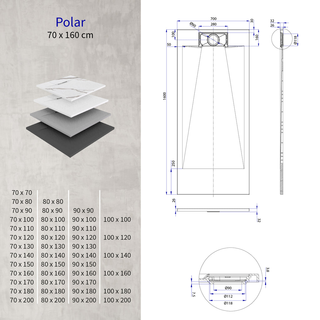POLAR - Base de Duche Preta Antiderrapante, Resistente, Duradouro e Fácil de Limpar - Inc. sifão