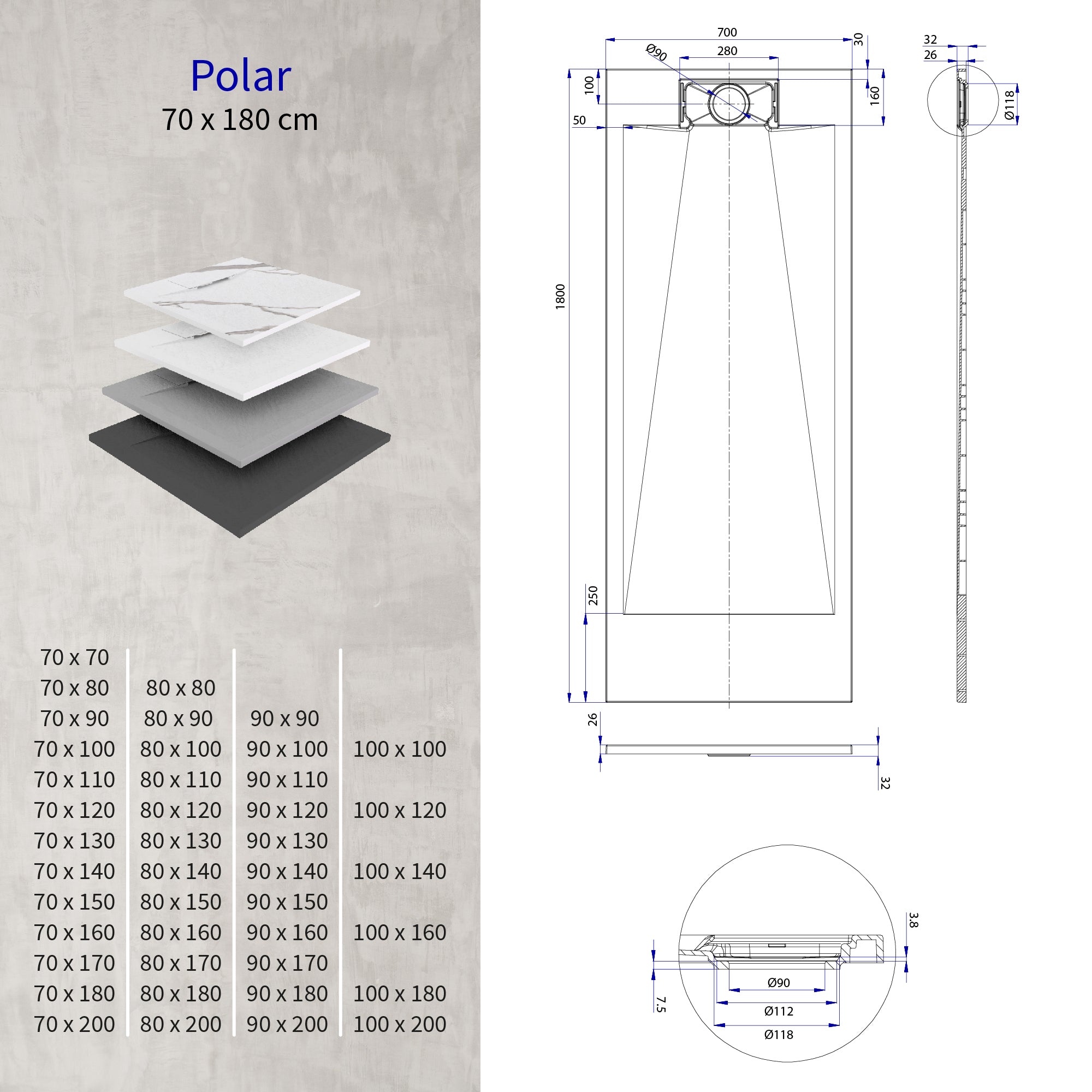 POLAR - Base de duche cinzenta antiderrapante, resistente, duradouro e fácil de limpar - Inc. sifão