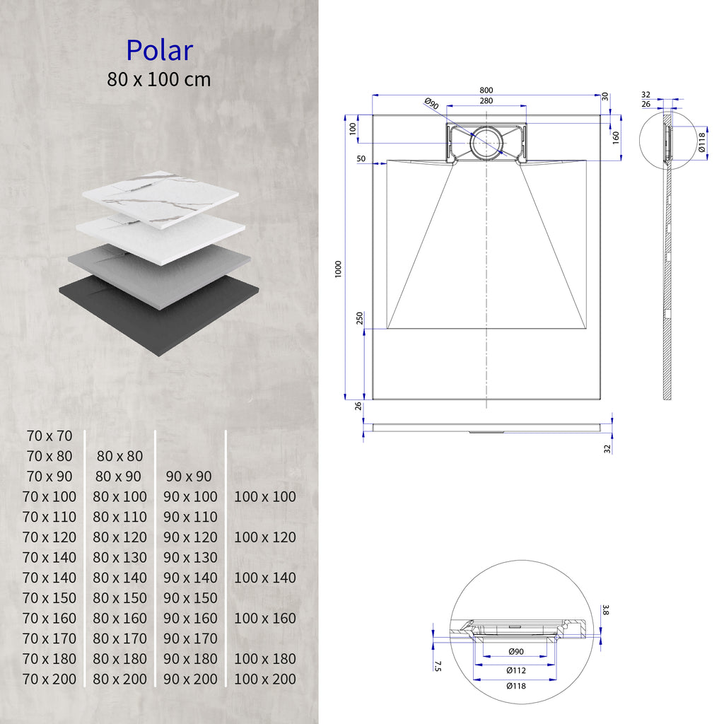 POLAR - Base de duche cinzenta antiderrapante, resistente, duradouro e fácil de limpar - Inc. sifão