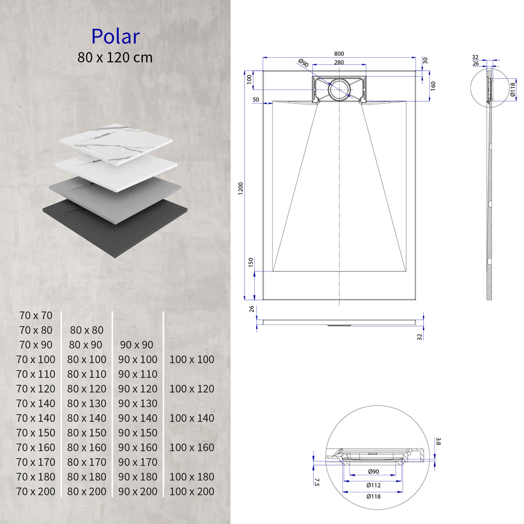 POLAR - Base de duche cinzenta antiderrapante, resistente, duradouro e fácil de limpar - Inc. sifão