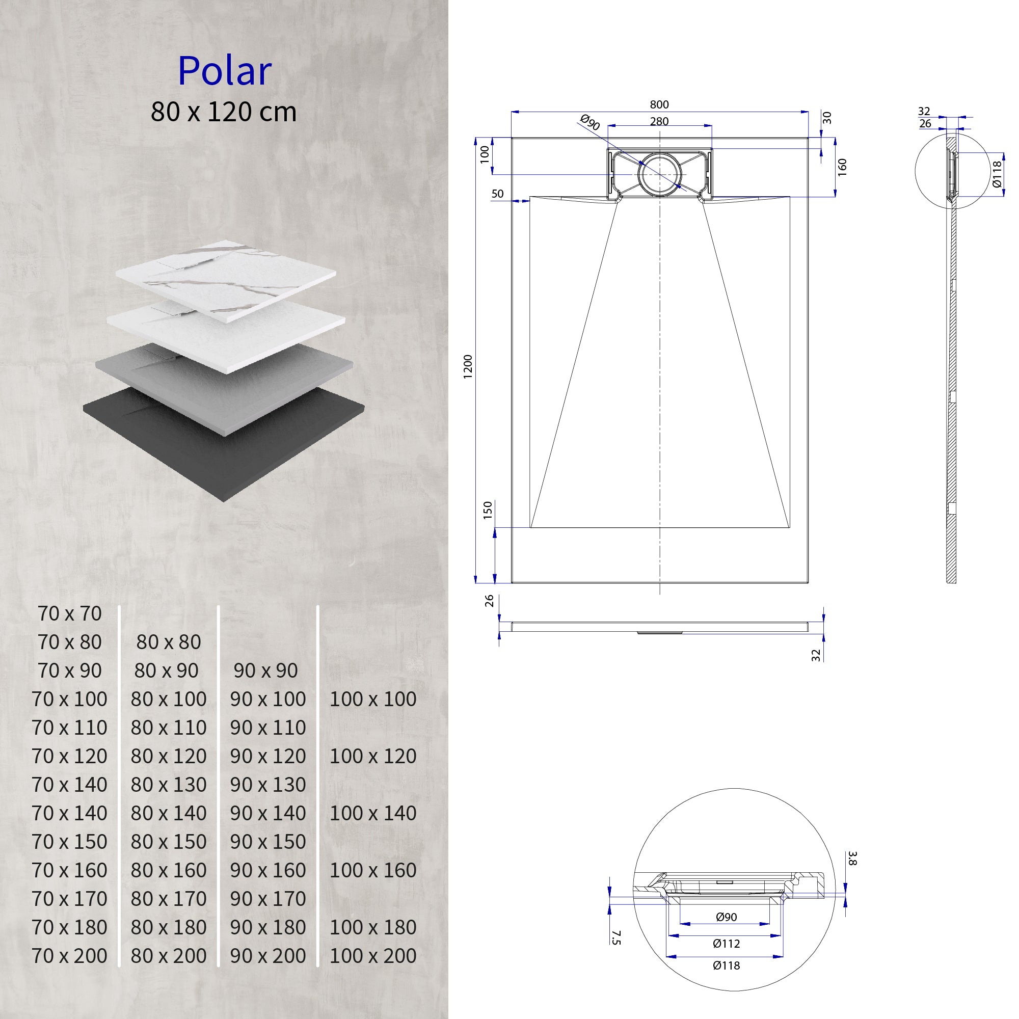 POLAR - Base de duche cinzenta antiderrapante, resistente, duradouro e fácil de limpar - Inc. sifão