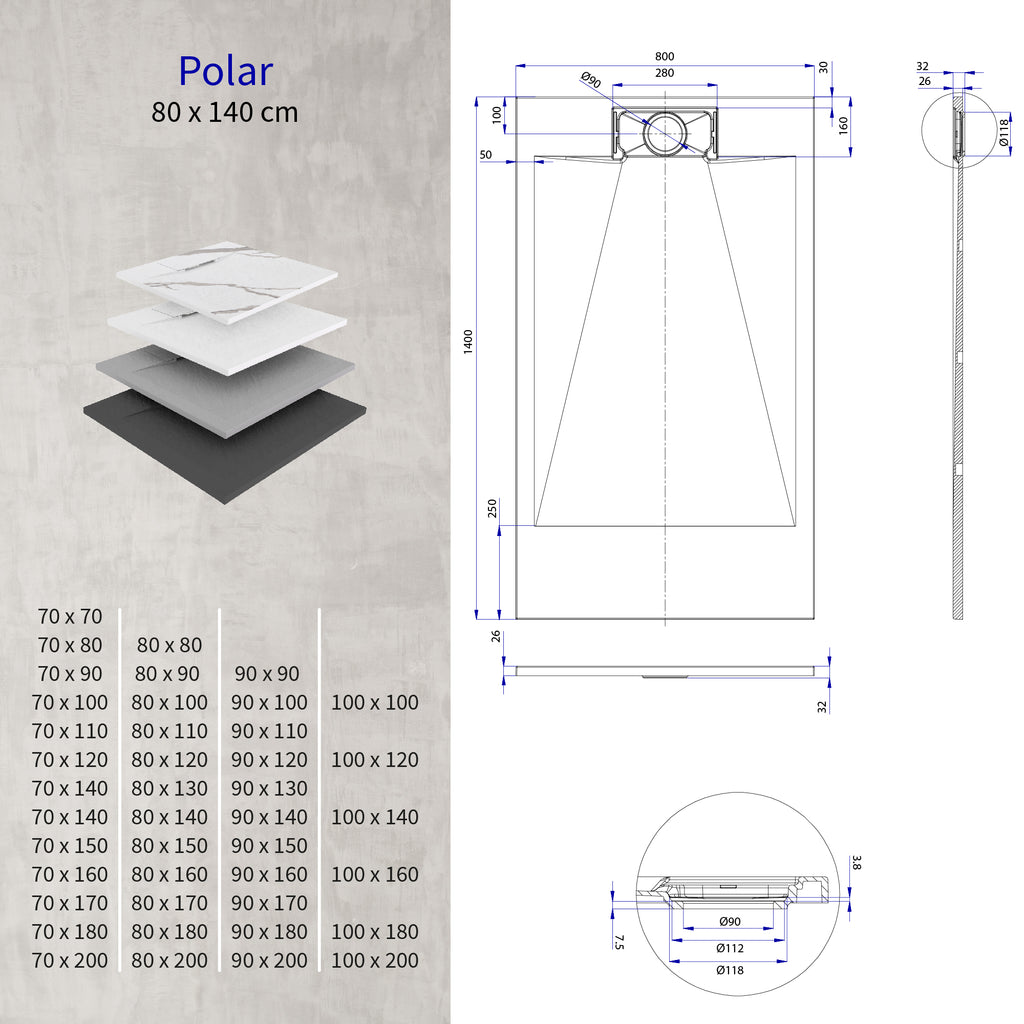 POLAR - Base de duche cinzenta antiderrapante, resistente, duradouro e fácil de limpar - Inc. sifão