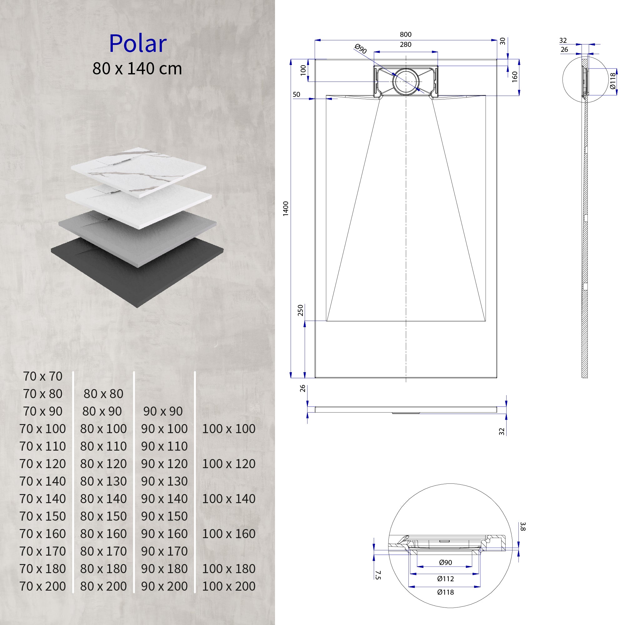 POLAR - Base de duche cinzenta antiderrapante, resistente, duradouro e fácil de limpar - Inc. sifão