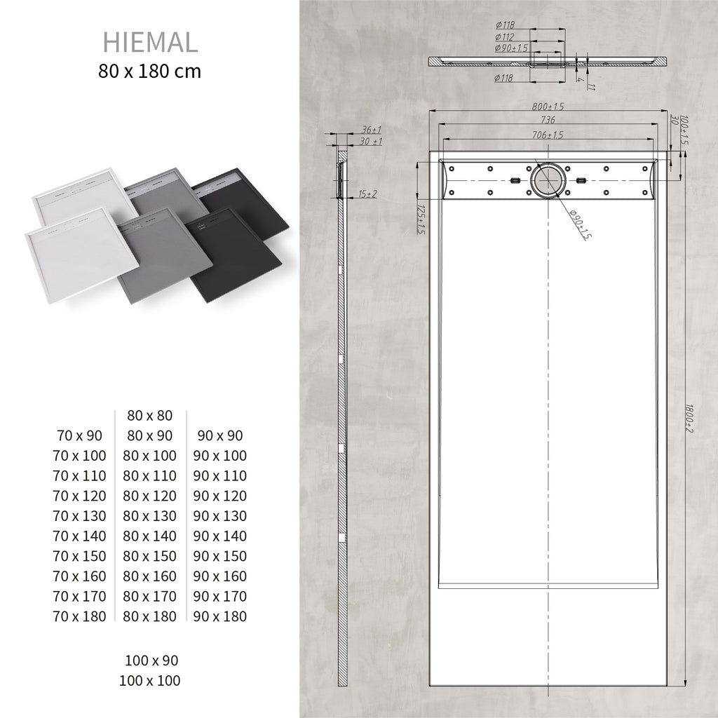 HIEMAL - Base de duche preta antiderrapante, resistente, duradouro e fácil de limpar - Inc. sifão