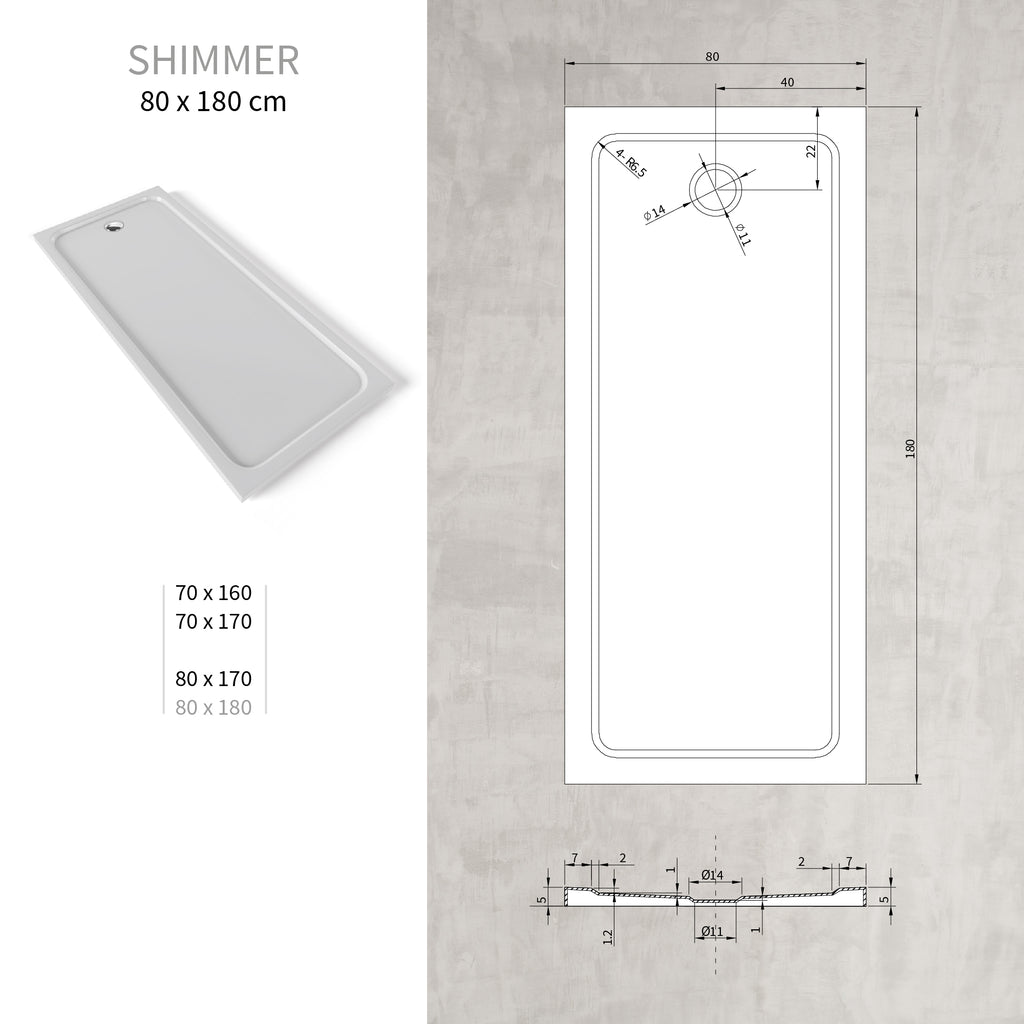 SHIMMER - Base de Duche Branca Smooth Acrílica, Textura Lisa, Extraplana 5cm, Sifão e Válvula Incluídos