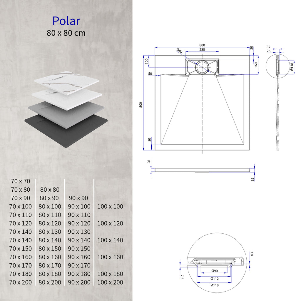 POLAR - Base de duche branca antiderrapante, resistente, duradouro e fácil de limpar - Inc. sifão