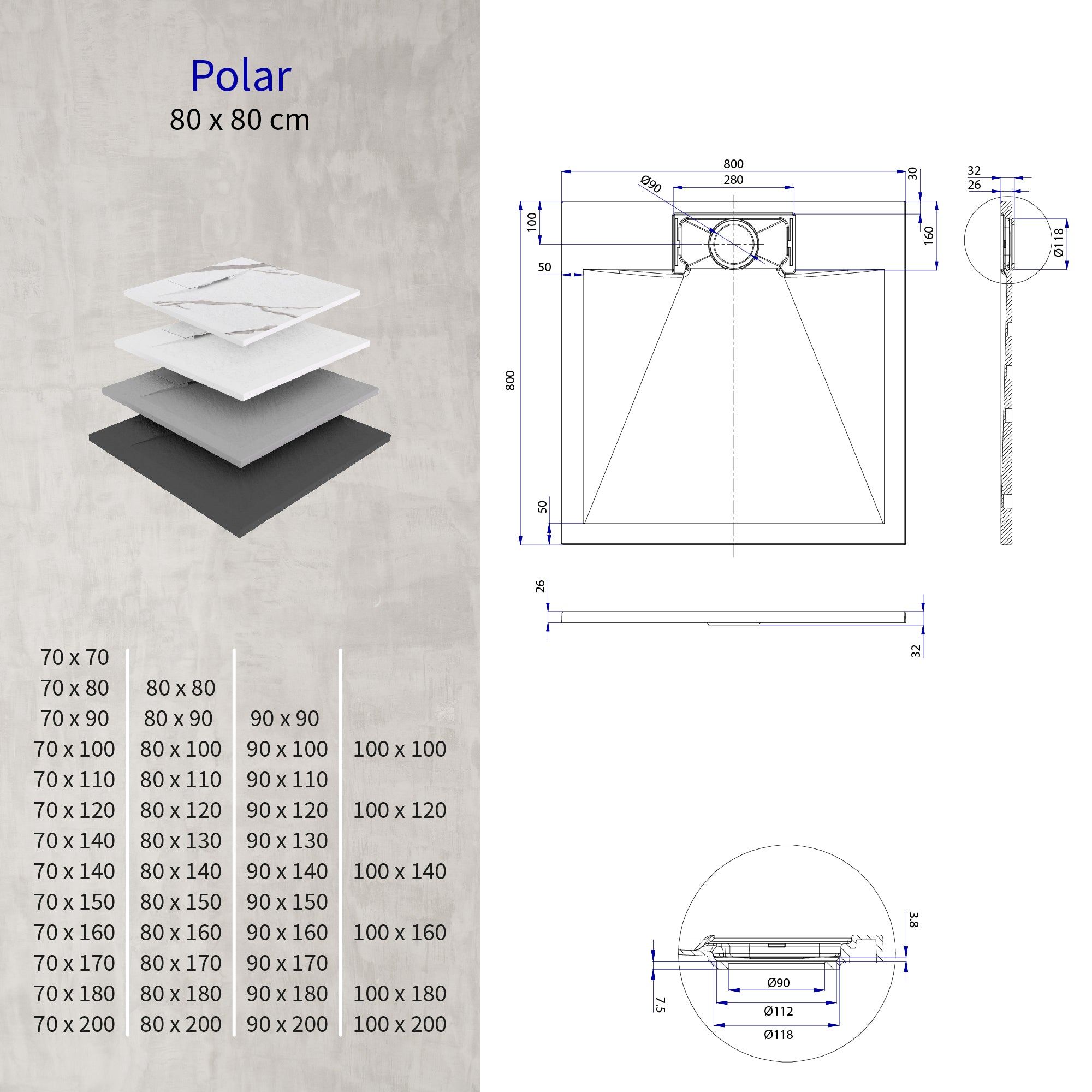 POLAR - Base de Duche Carrara Antiderrapante, Resistente, Duradouro e Fácil de Limpar - Inc. sifão