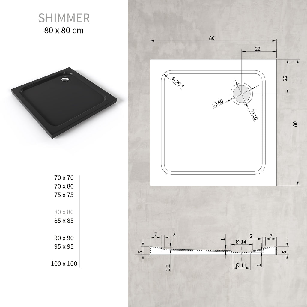 SHIMMER - Base de Duche Preta Smooth Acrílica, Textura Lisa, Extraplana 5cm, Sifão e Válvula Incluídos