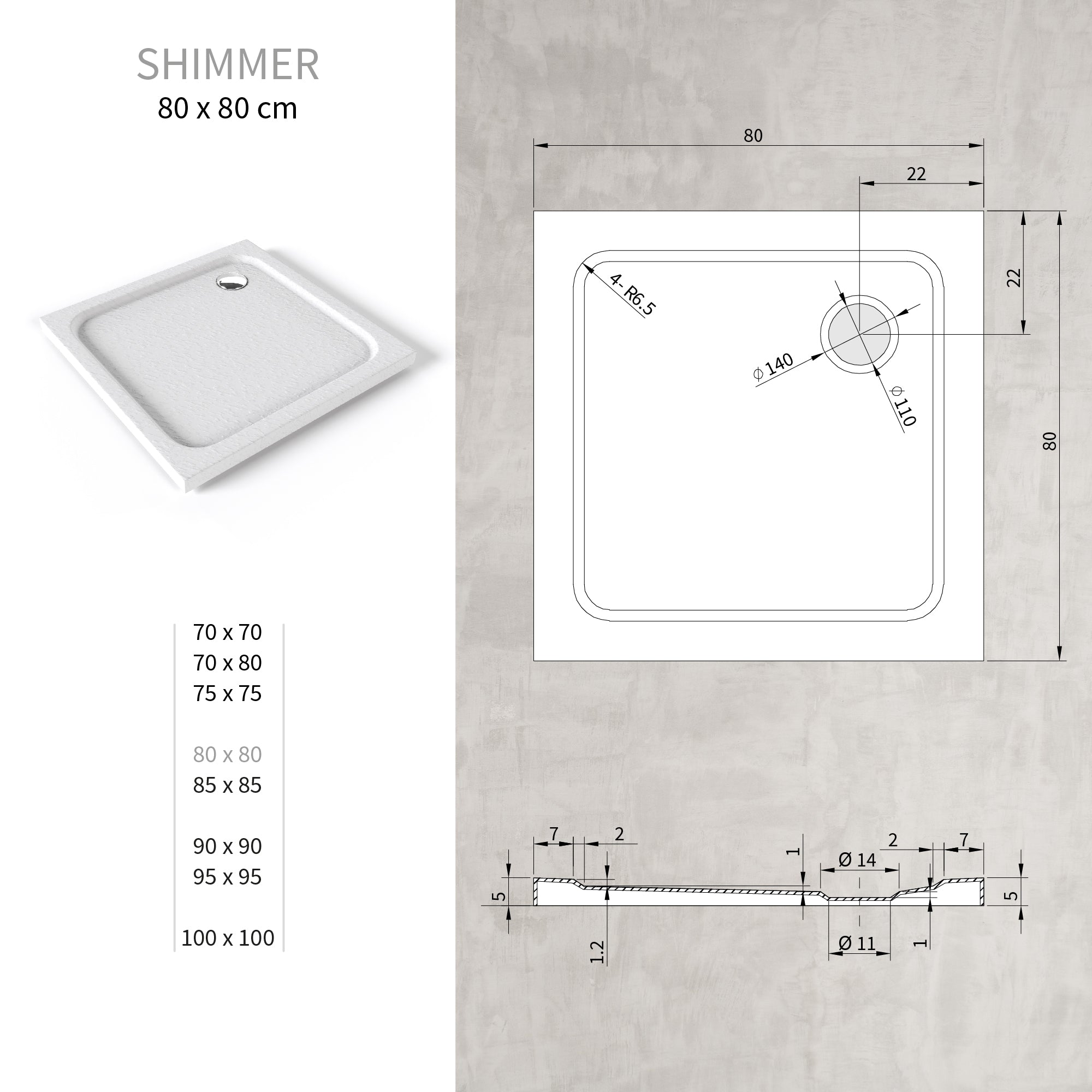 SHIMMER - Base de Duche Branca Stone Acrílica, Textura Pedra, Extraplana 5cm, Sifão e Válvula Incluído