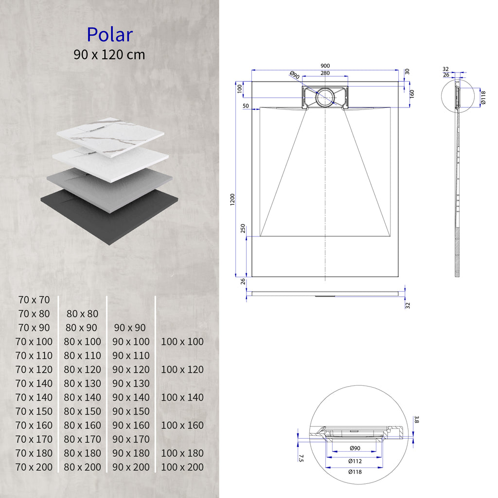 POLAR - Base de Duche Preta Antiderrapante, Resistente, Duradouro e Fácil de Limpar - Inc. sifão